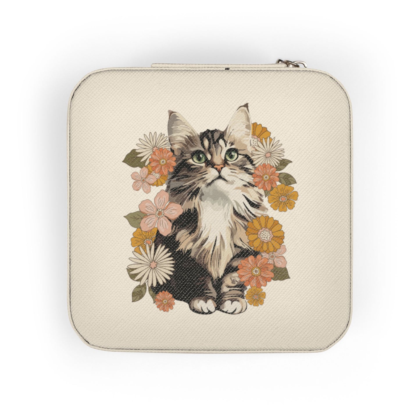 Floral Kitten Jewelry Travel Case, Cute Retro Cat & Flowers Compact Ring Necklace Earring Organizer, Plush Lined 4"x4"x2" Jewelry Box