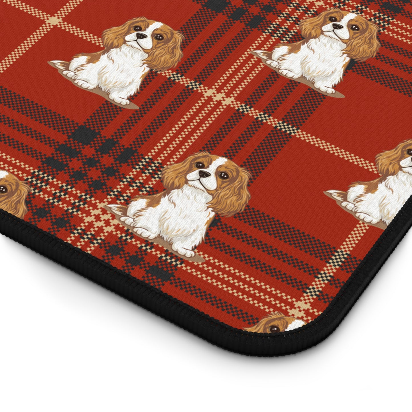 Blenheim Cavalier King Charles Spaniel Dogs Pattern Desk Mat | Red Tartan Plaid Puppy Mouse Pad Surface