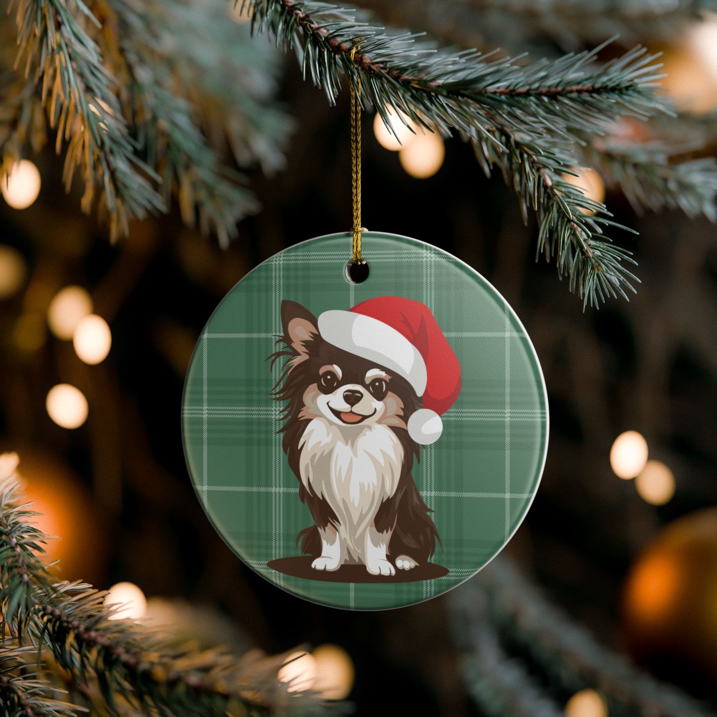 Santa Long Haired Chihuahua Dog Christmas Tree Ornament, Xmas Dogs Holiday Decorations, Pet Lover Gift, Red Plaid Ceramic Ornaments
