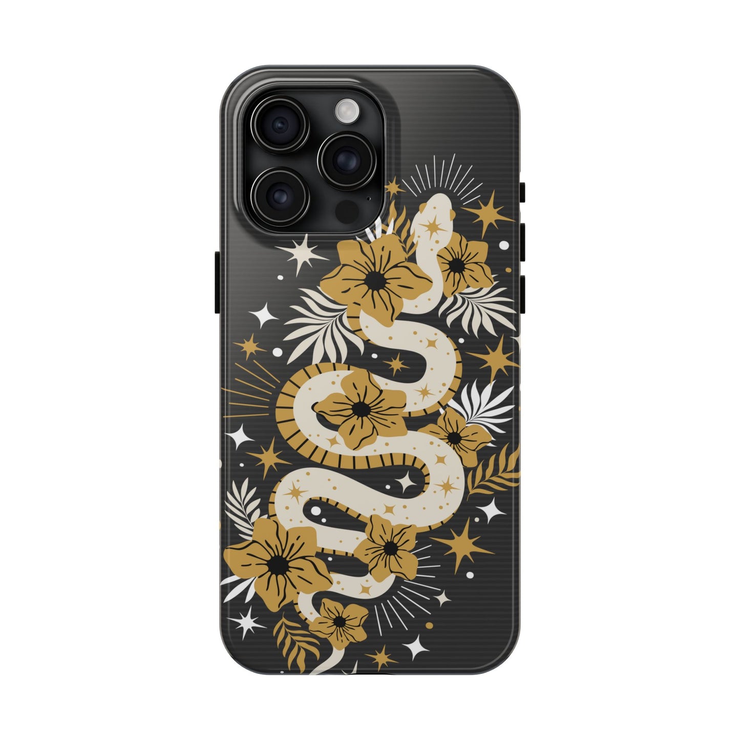 Mystic Snake Cell Phone Case, Black Tough Cases, Protective Floral Golden Serpent Boho Design