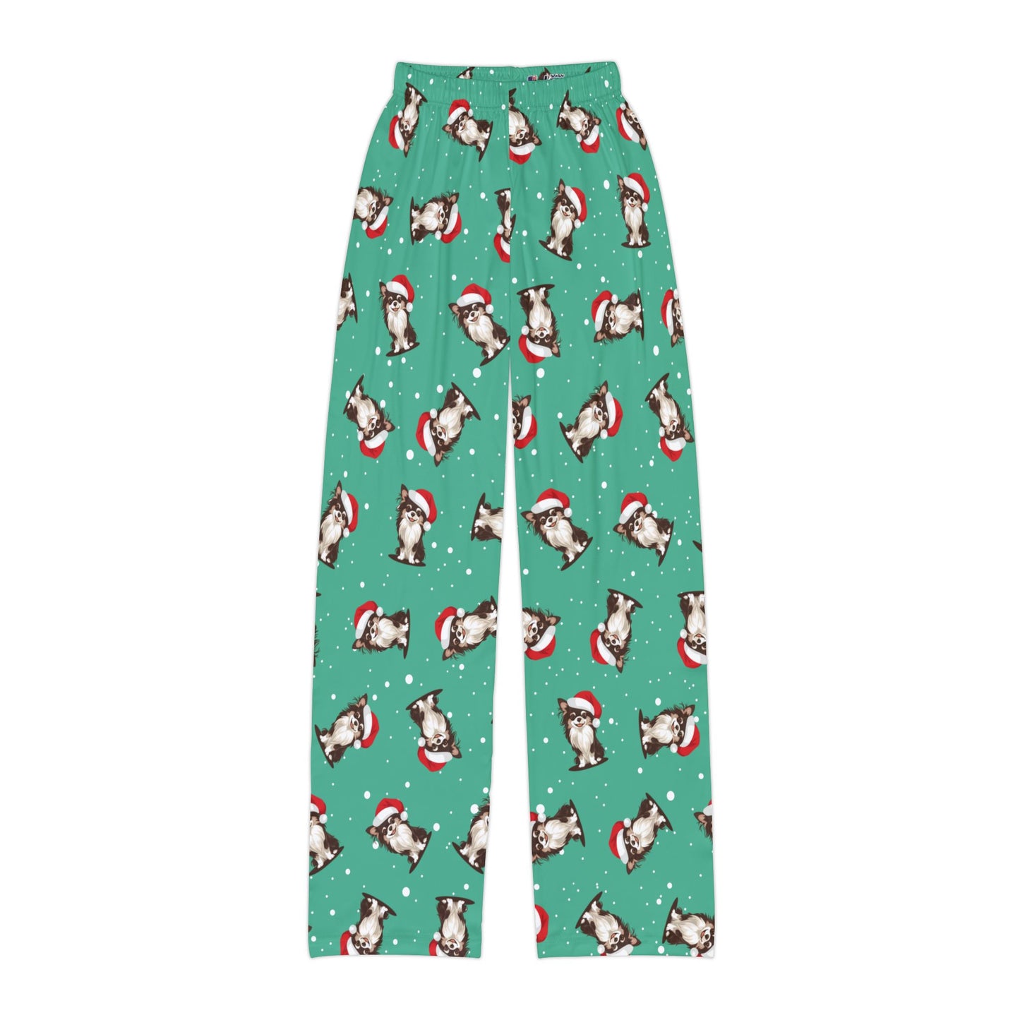 Kid's Christmas Long Haired Chihuahua Dog Pajama Pants, Holiday Xmas Santa Dogs Children's Pajamas, Boys Girls Winter Pajama Bottoms