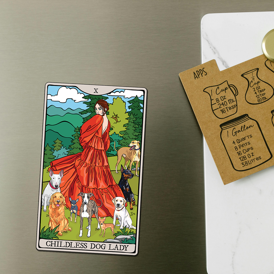 Childless Dog Lady Tarot Card Magnet - 4" Dog Ladies Vinyl Fridge Magnets Indoor Outdoor, Child-Free Woman & Pet Dogs