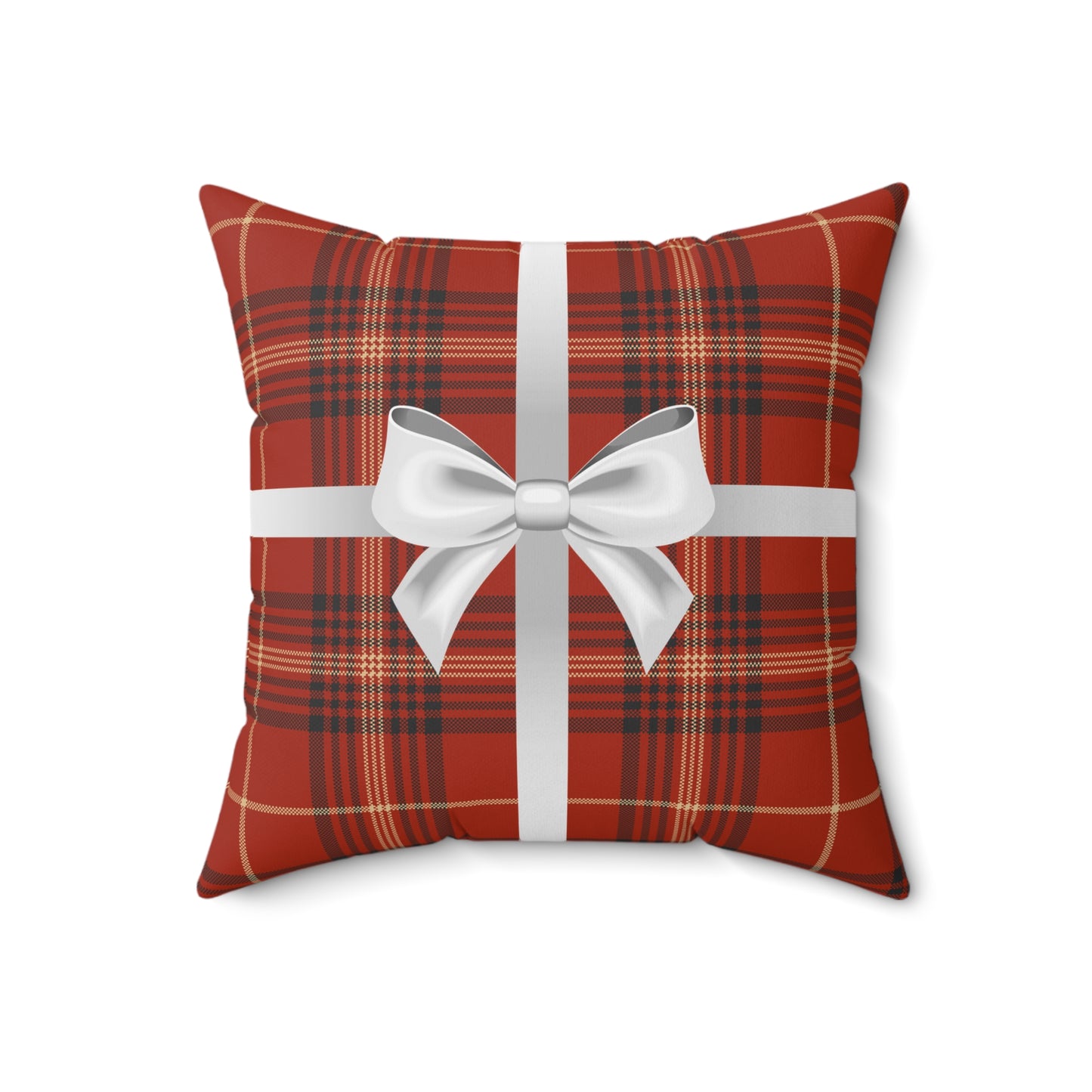 Holiday Gift Throw Pillow, White Bow on Red Plaid Wrapped Present Pillows, Christmas Home Decor Xmas Decorations