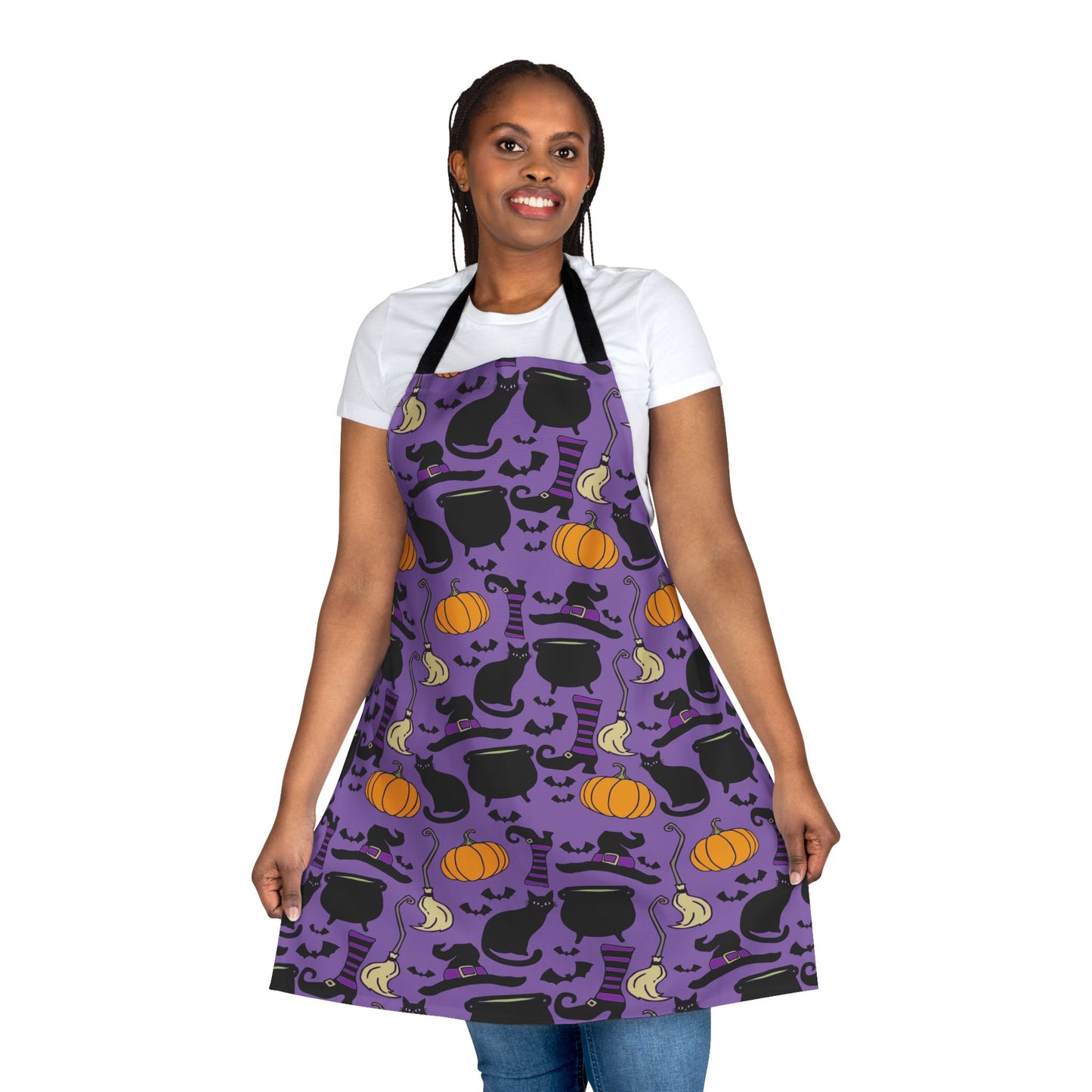 Witchy Things Halloween Kitchen Apron - Cooking Aprons with Spooky Witch Hats, Brooms, Black Cats, Pumpkins, Bats, Cauldrons