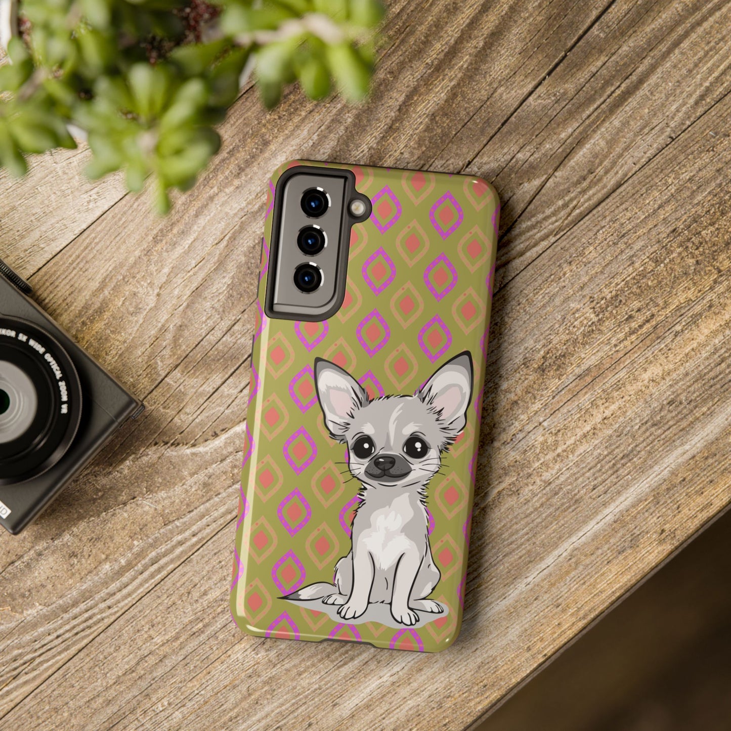 White Chihuahua Puppy Dog Phone Case, Tough Phone Cases Pet Dogs Retro Green  Pattern