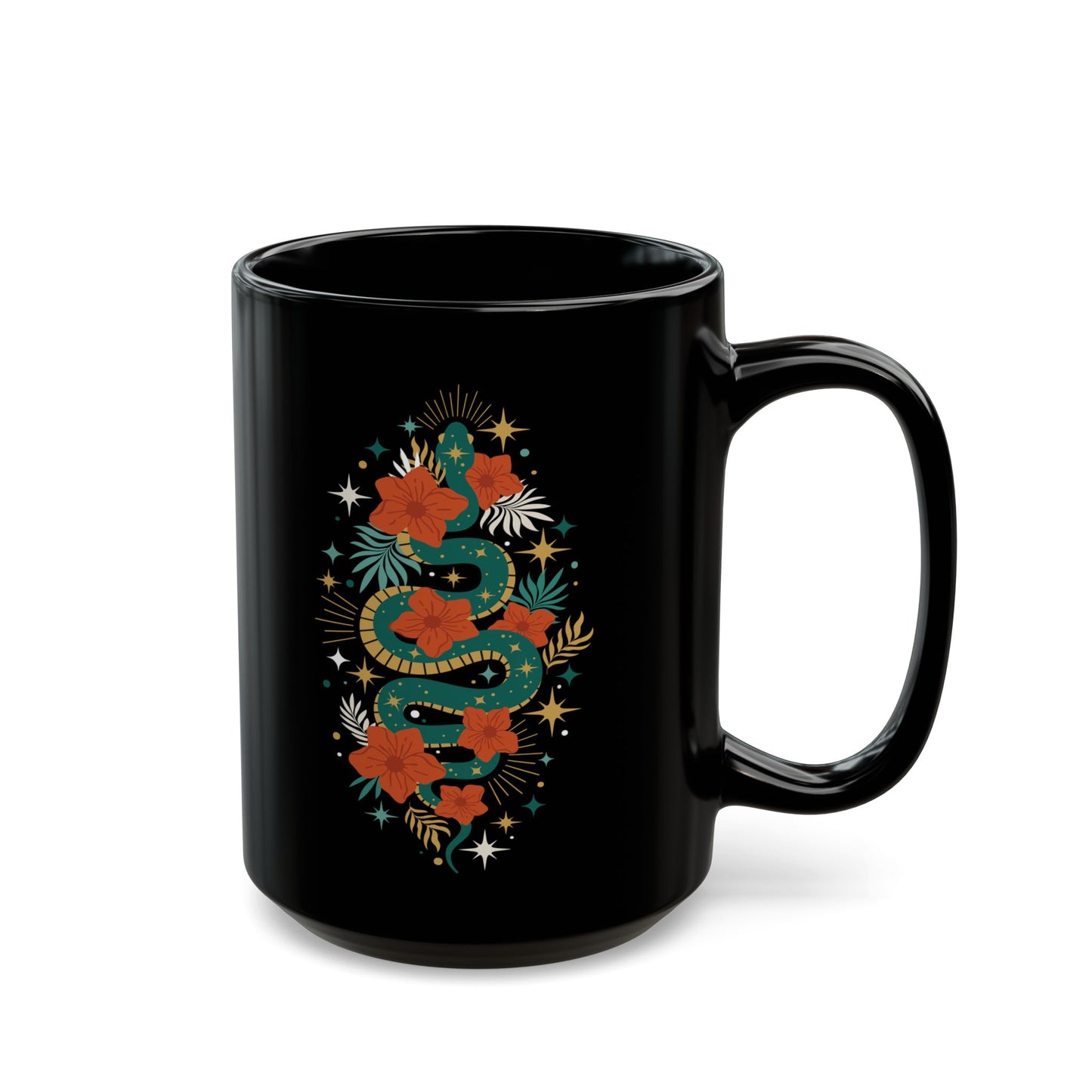 Mystic Jade Snake Black Mug, Boho 15oz Ceramic Coffee Cup, Unique Serpent Design, Gift for Coffee Lovers, Halloween, Occult Mugs