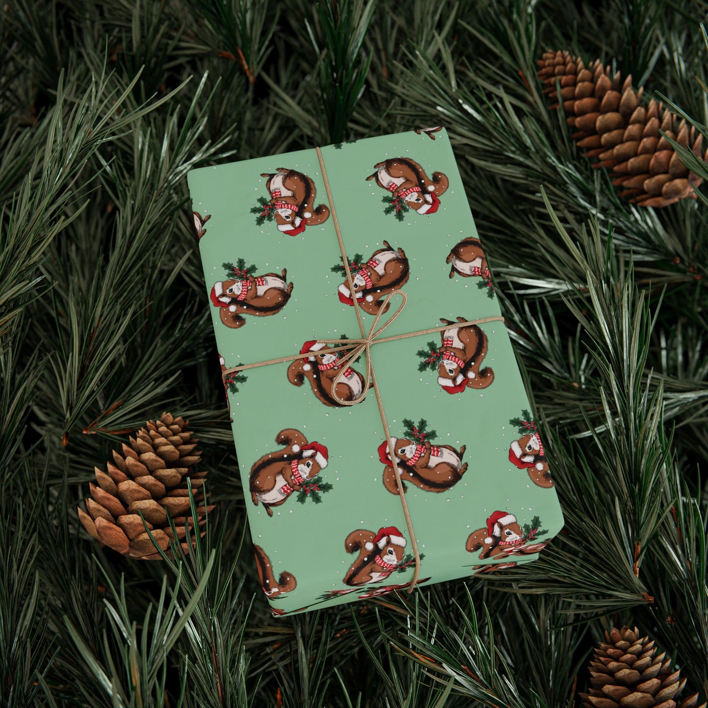 Squirrel Christmas Wrapping Paper, Festive Squirrels Print, Cheery Sage Green Holiday Gift Wrap With Snowy Xmas Squirrel In Santa Hat