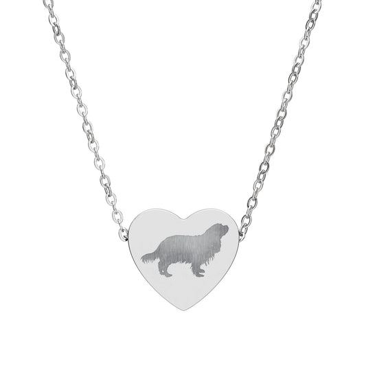 Cavalier King Charles Spaniel Dogs Engraved Heart Necklace, Dog Silhouette Pendant Chain, Pet Owner Memorial Gift Jewelry