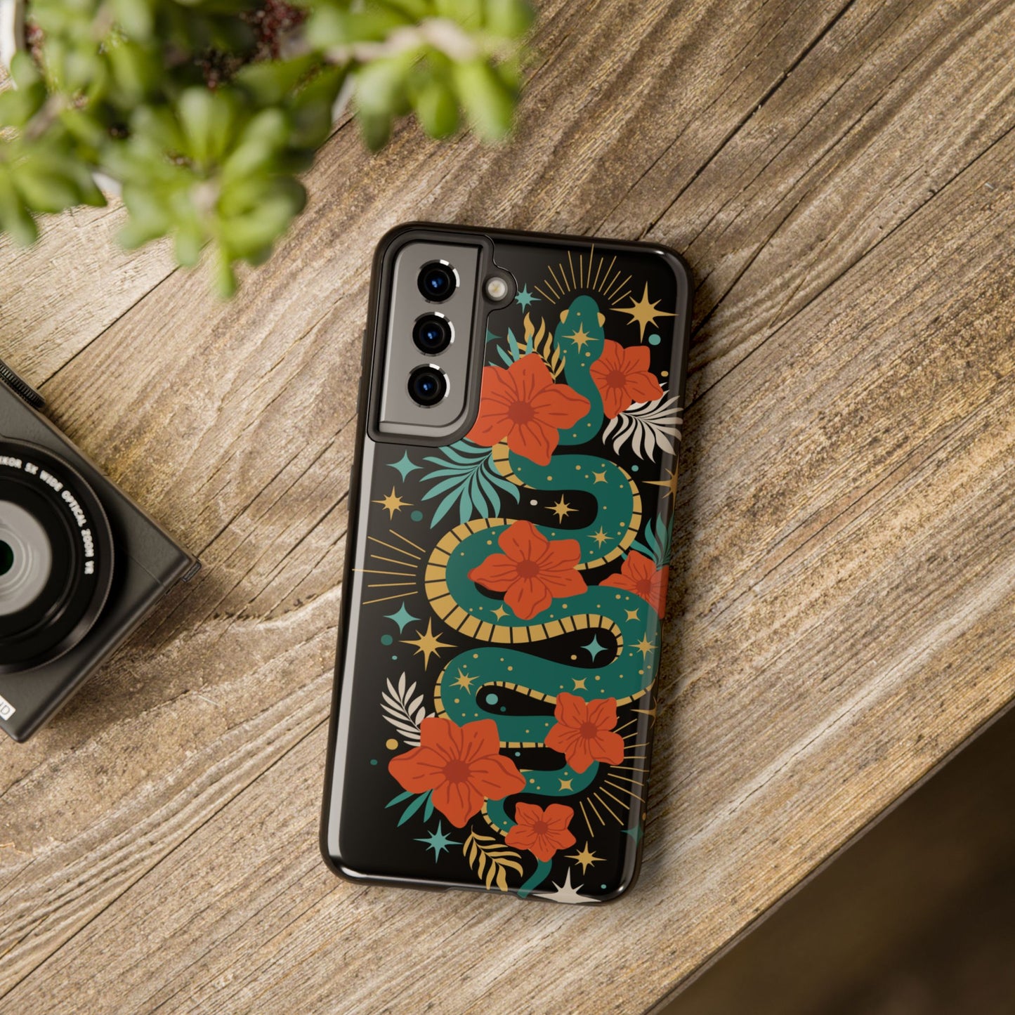 Mystic Snake Cell Phone Case, Black Tough Phone Cases Boho Serpent Snakes Floral Design
