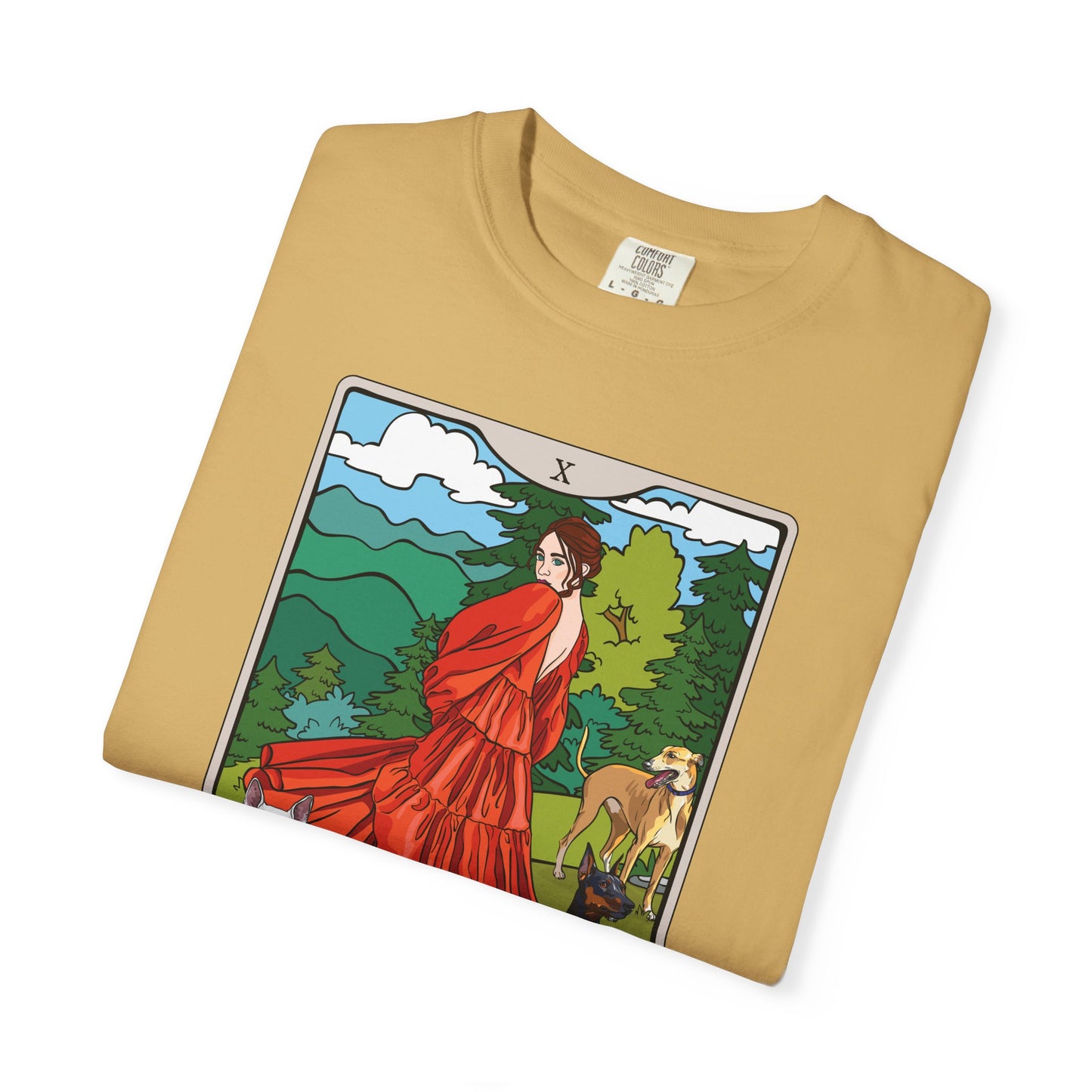 Childless Dog Lady Tarot Card Cotton T-shirt Child-Free Dog Mom Tee with Woman and Dogs Design Garment Dyed Tee