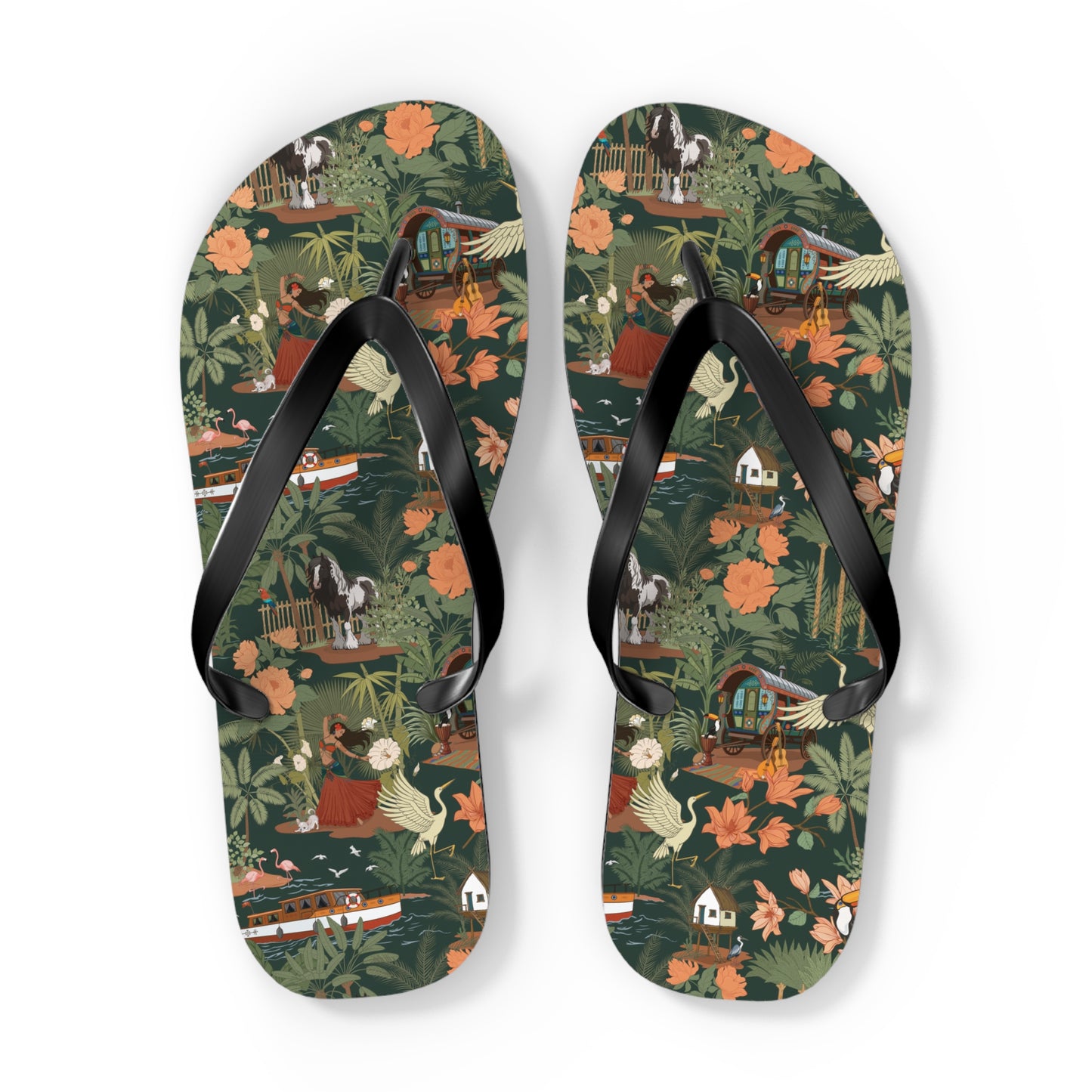 Tropical Nomad Floral Island Flip Flops | Vintage Travel Birds Pattern Sandals