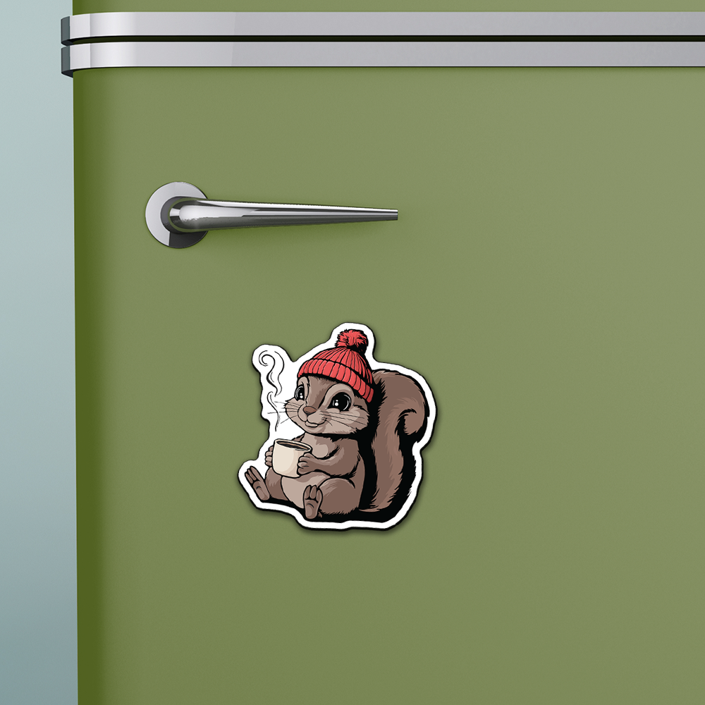 Cozy Squirrel Magnet - 3" Vinyl Fridge Magnets Indoor Outdoor Squirrels Fall Autumn