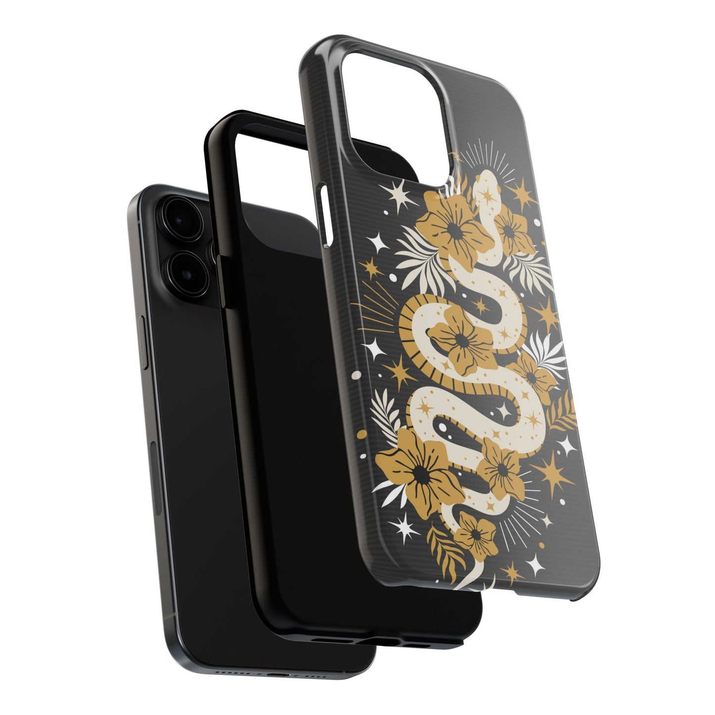 Mystic Snake Cell Phone Case, Black Tough Cases, Protective Floral Golden Serpent Boho Design