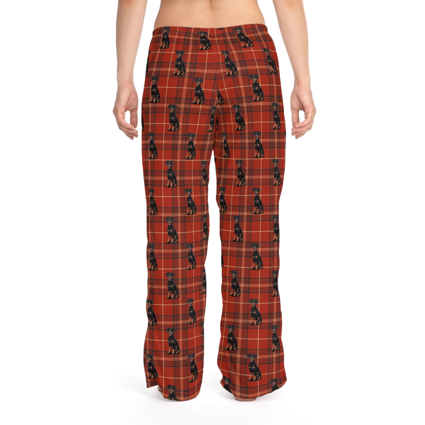 Red Plaid Doberman Pinscher Dogs Women's Pajama Pants, Dog Dobermans PJ Bottoms, Winter Loungewear, Christmas Holiday Sleepwear