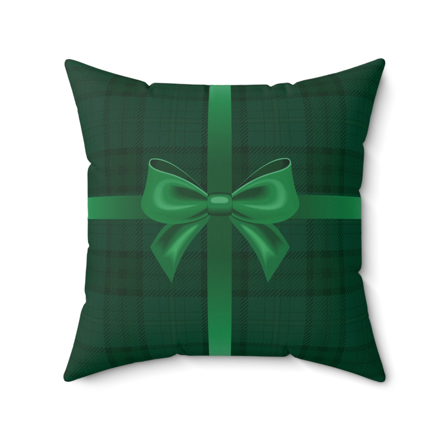 Holiday Gift Throw Pillow, Green Bow on Green Plaid Wrapped Present Pillows, Christmas Home Decor Xmas Decorations, Square Cushion and Cover