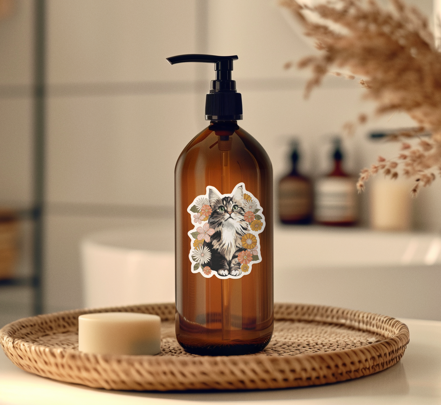 4" Fluffy Kitty In Flowers Sticker - Waterproof, Fade-Resistant Decal Stickers Floral Cat Design