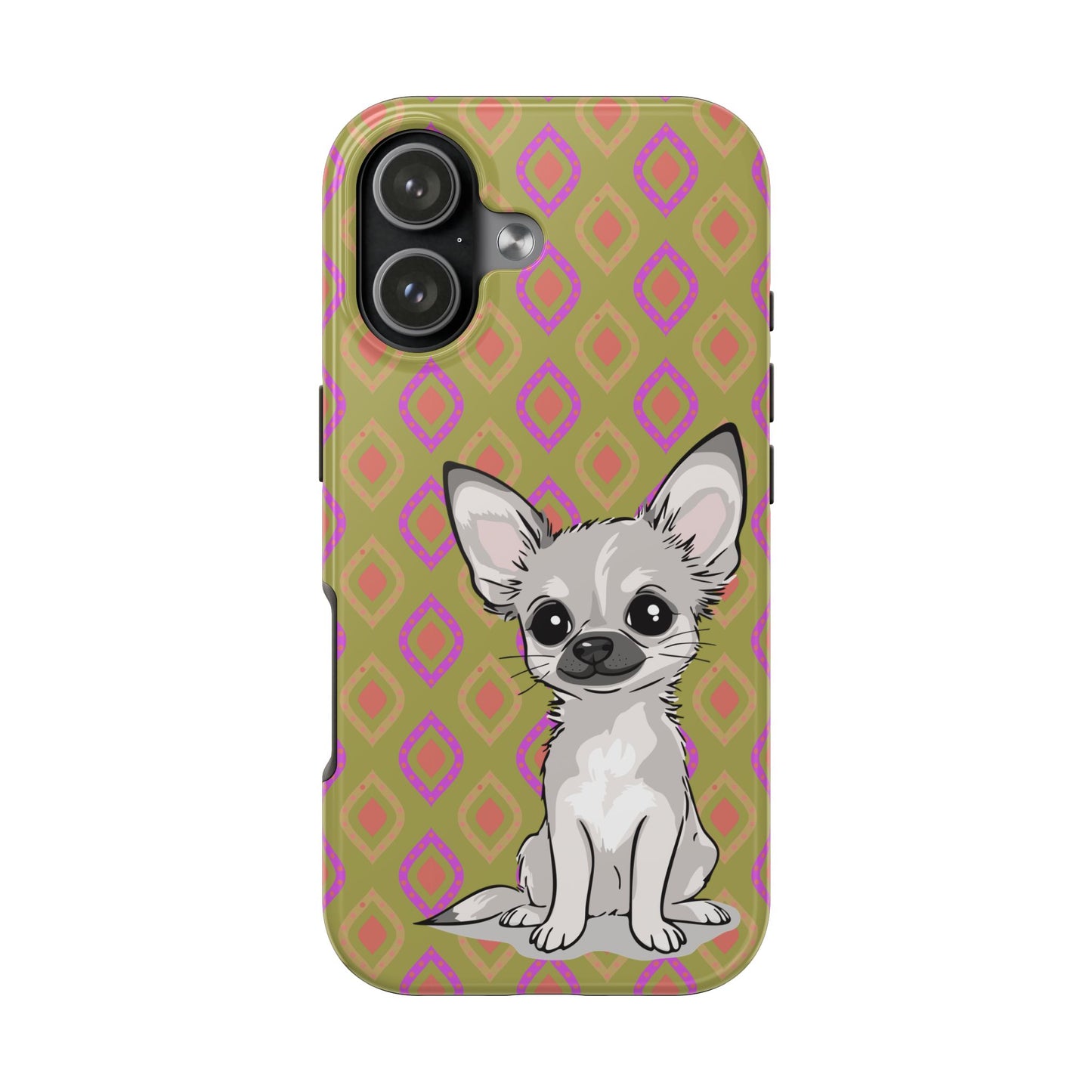 White Chihuahua Puppy Dog Phone Case, Tough Phone Cases Pet Dogs Retro Green  Pattern