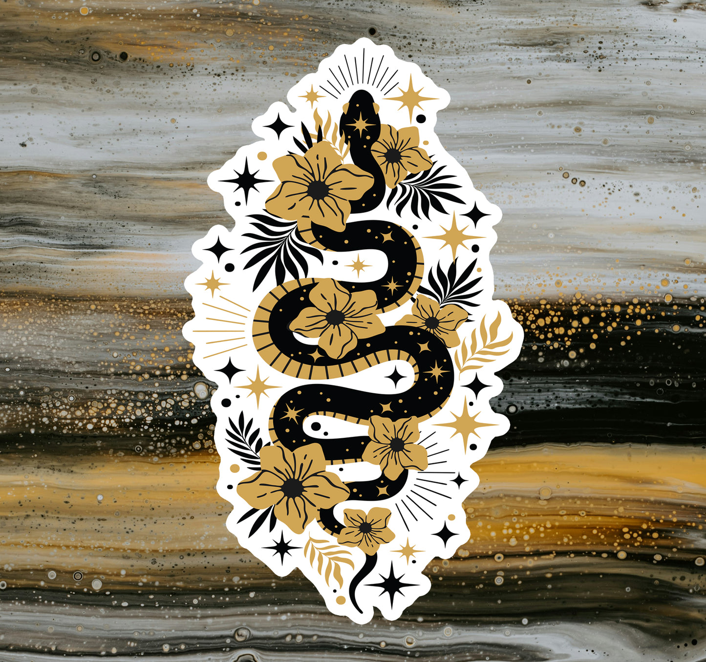 4" Mystic Gold Snake Sticker - Waterproof, Fade-Resistant Decal Stickers Boho Snakes Flowers Design