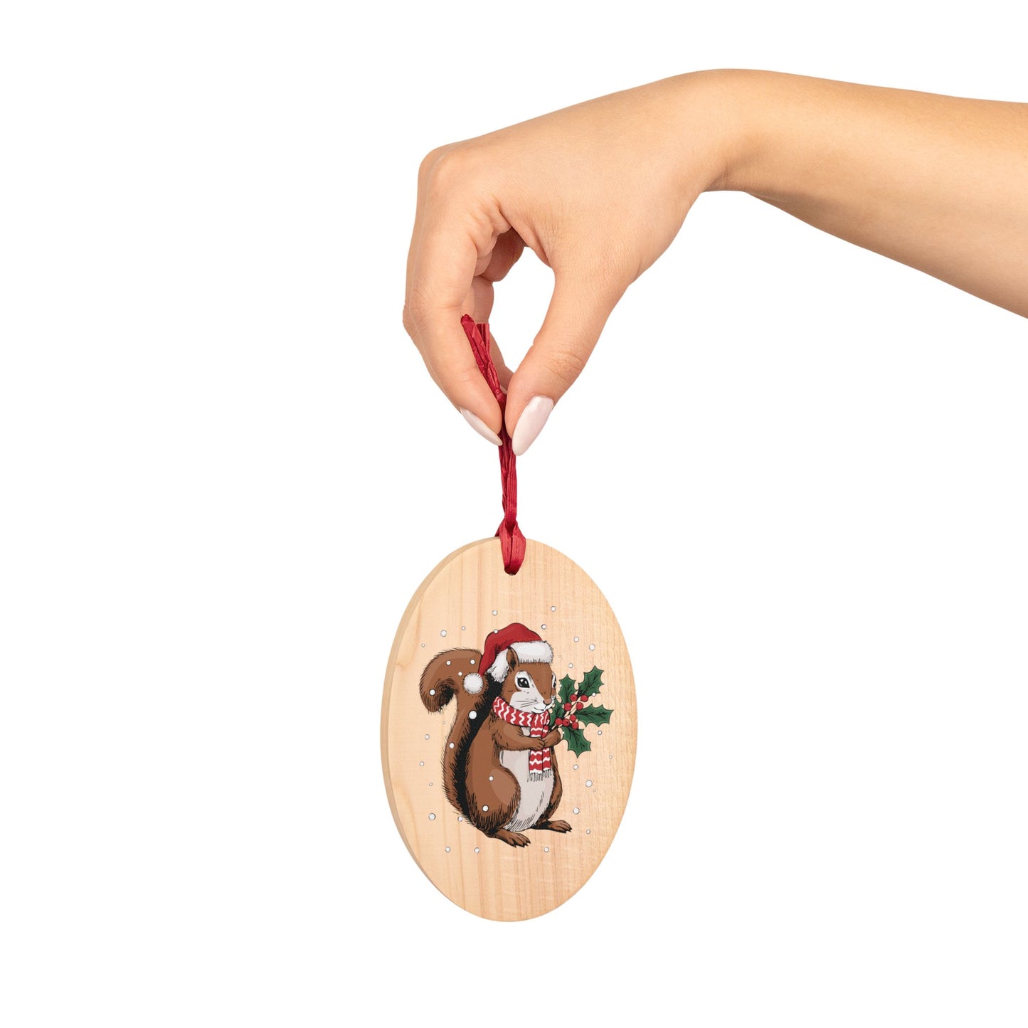 Holiday Squirrel Wooden Christmas Tree Ornaments, Festive Holiday Xmas Squirrels In Santa Hat Oval Or Heart Shape Ornament Seasonal Decor