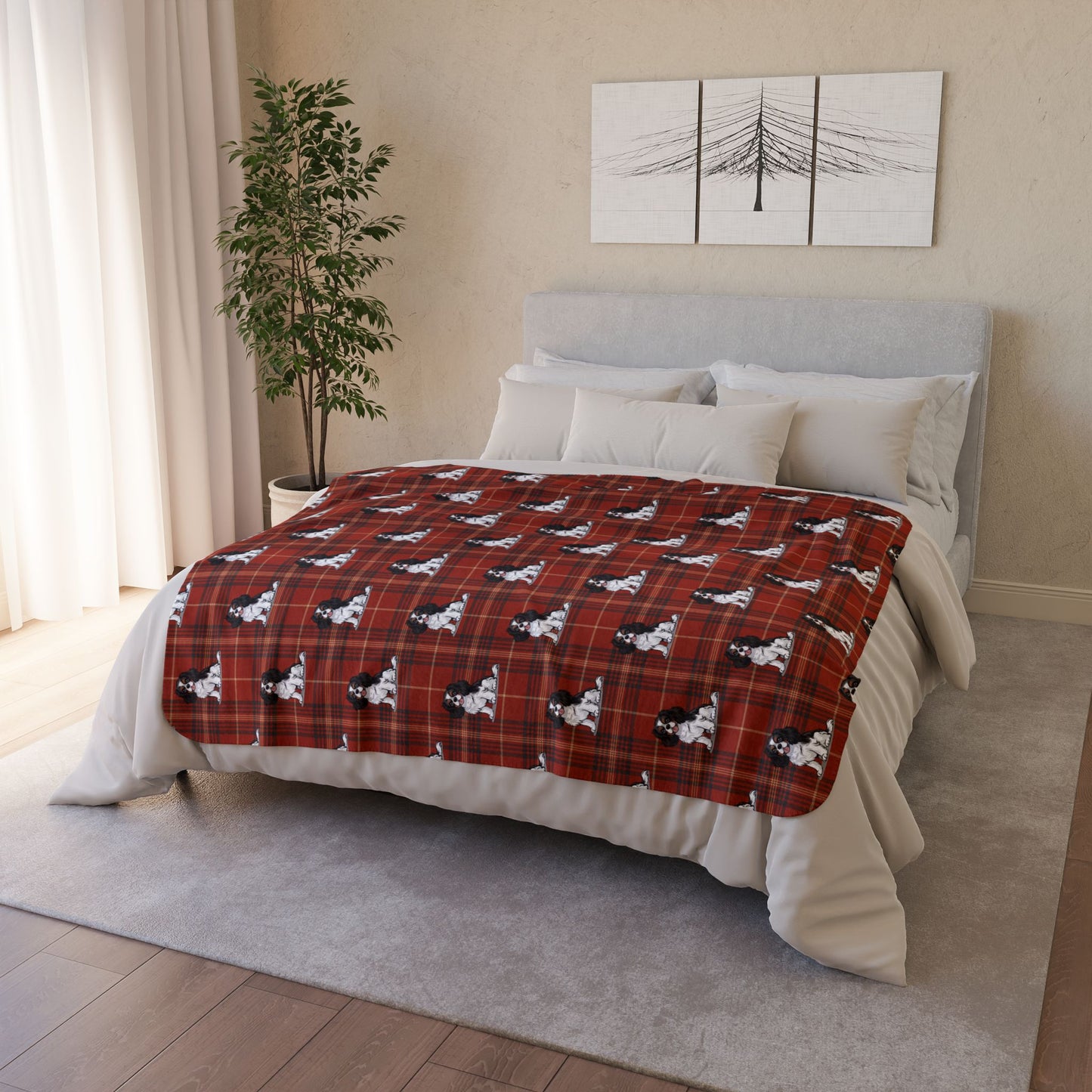 Tricolor Cavalier King Charles Spaniel Red Plaid Fleece Sherpa Blanket, Dogs Pattern Throw Blankets Bedding