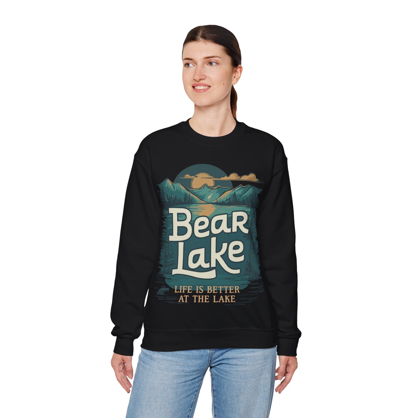 Bear Lake Scenic Mountain View Crewneck Sweatshirt with Utah Idaho Vacation Destination, Mens Womens Pullover Sweatshirts