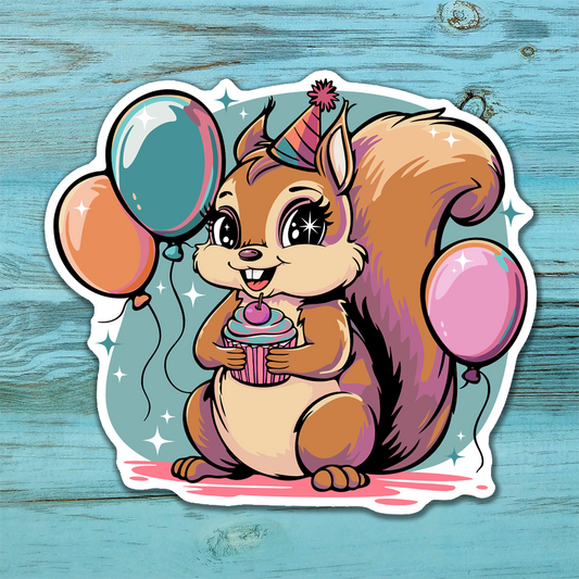 3" Birthday Squirrel Sticker - Waterproof Decal Stickers B-day Party Celebration Squirrels