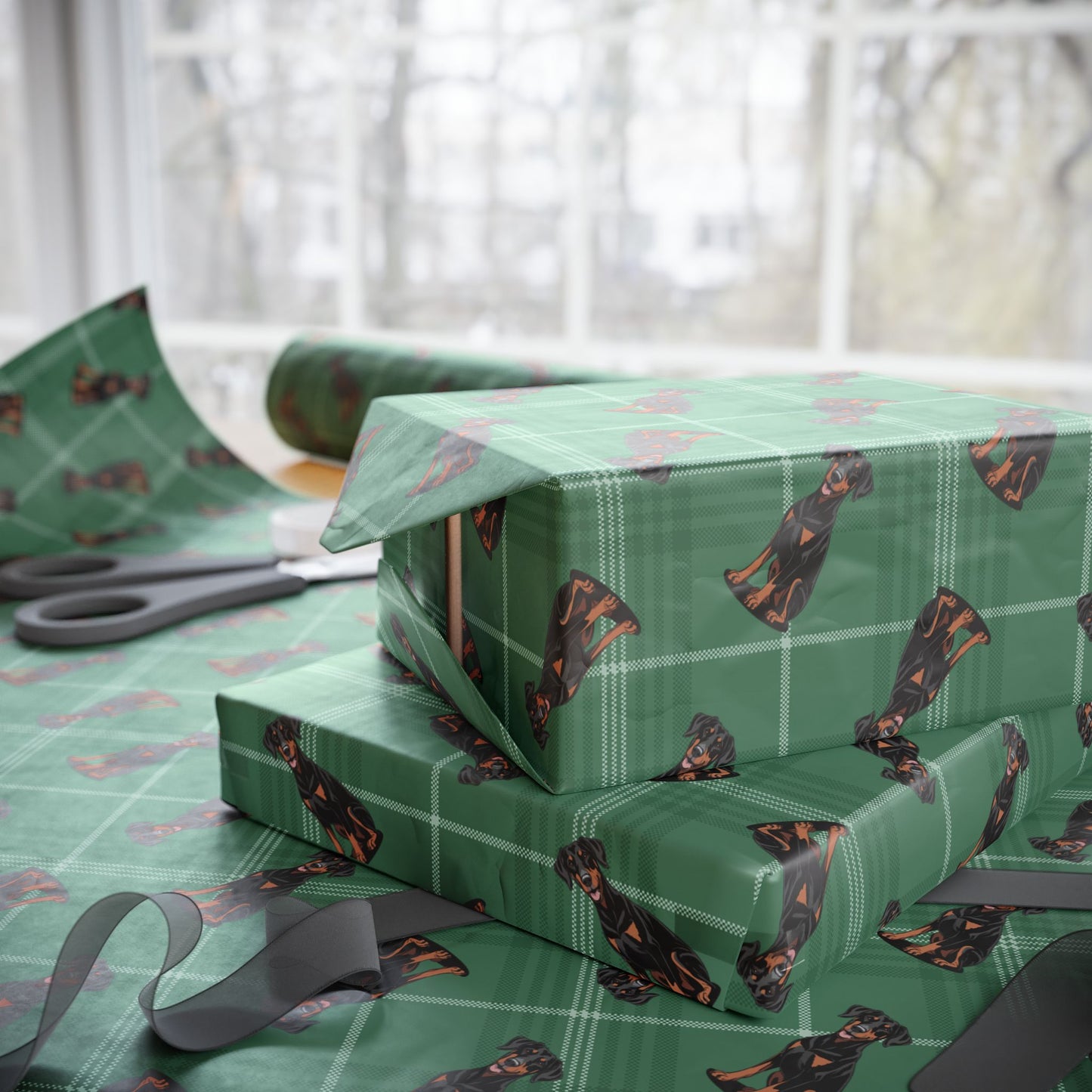 Doberman Pinscher Dog Wrapping Paper, Green Plaid Dogs Print Gift Wrap Roll, Christmas Holiday Birthday Matte Wrapping Papers