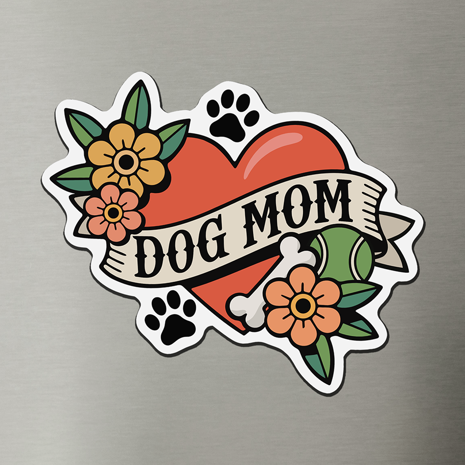 Dog Mom Heart Tattoo Magnet - 4" Furbaby Pet Parent Dog Ladies Vinyl Magnets Indoor Outdoor, Puppy Dogs Love Tattoos