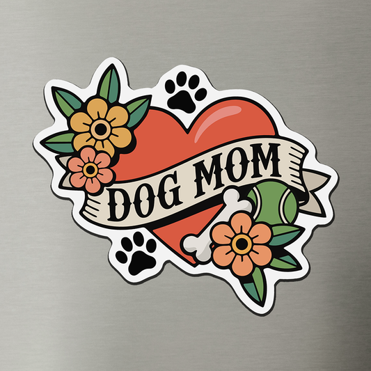Dog Mom Heart Tattoo Magnet - 4" Furbaby Pet Parent Dog Ladies Vinyl Magnets Indoor Outdoor, Puppy Dogs Love Tattoos