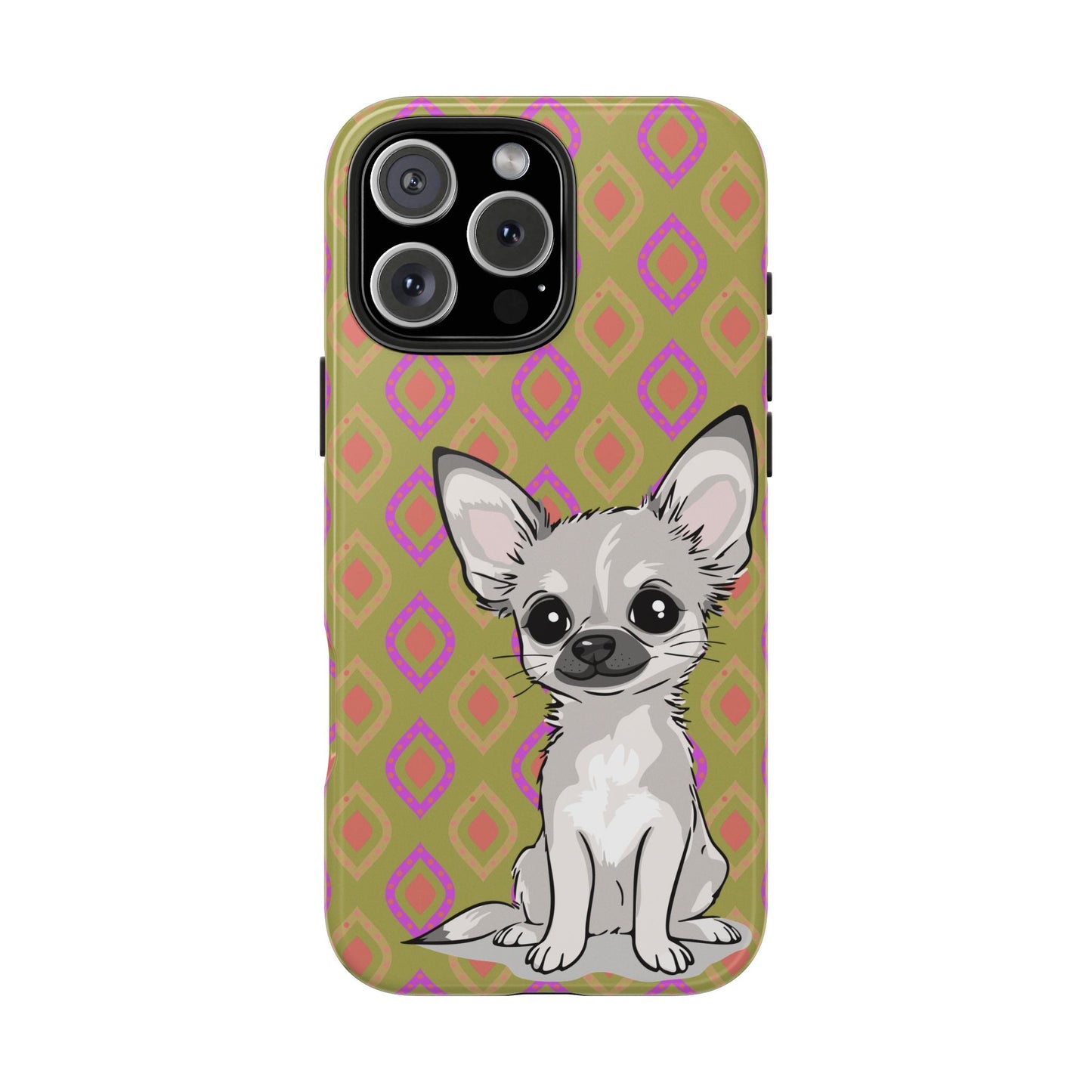 White Chihuahua Puppy Dog Phone Case, Tough Phone Cases Pet Dogs Retro Green  Pattern