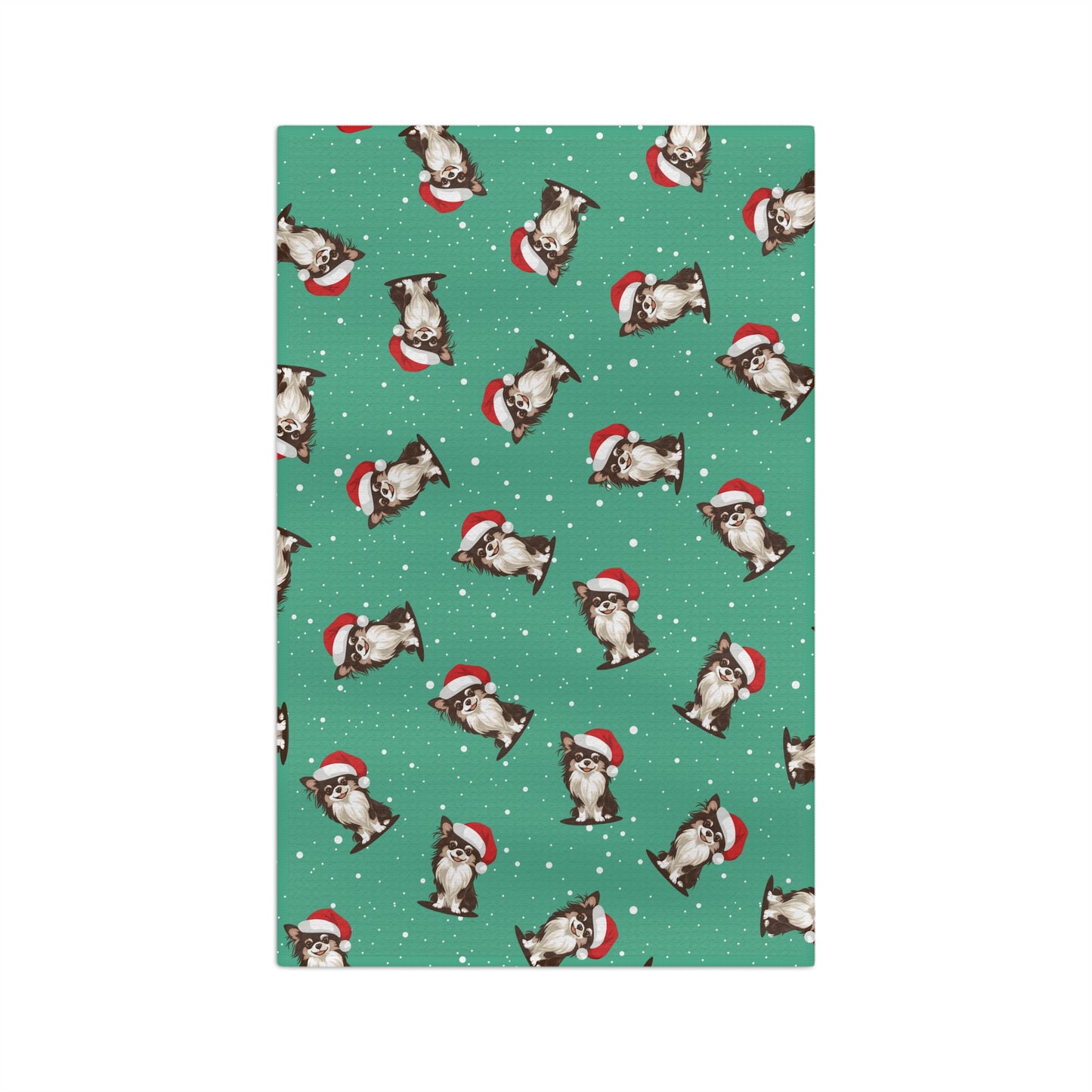 Long Haired Chihuahua Dog Christmas Kitchen Hand Towel Microfiber Green Holiday Tea Towel with Dogs in Santa Hat Pattern