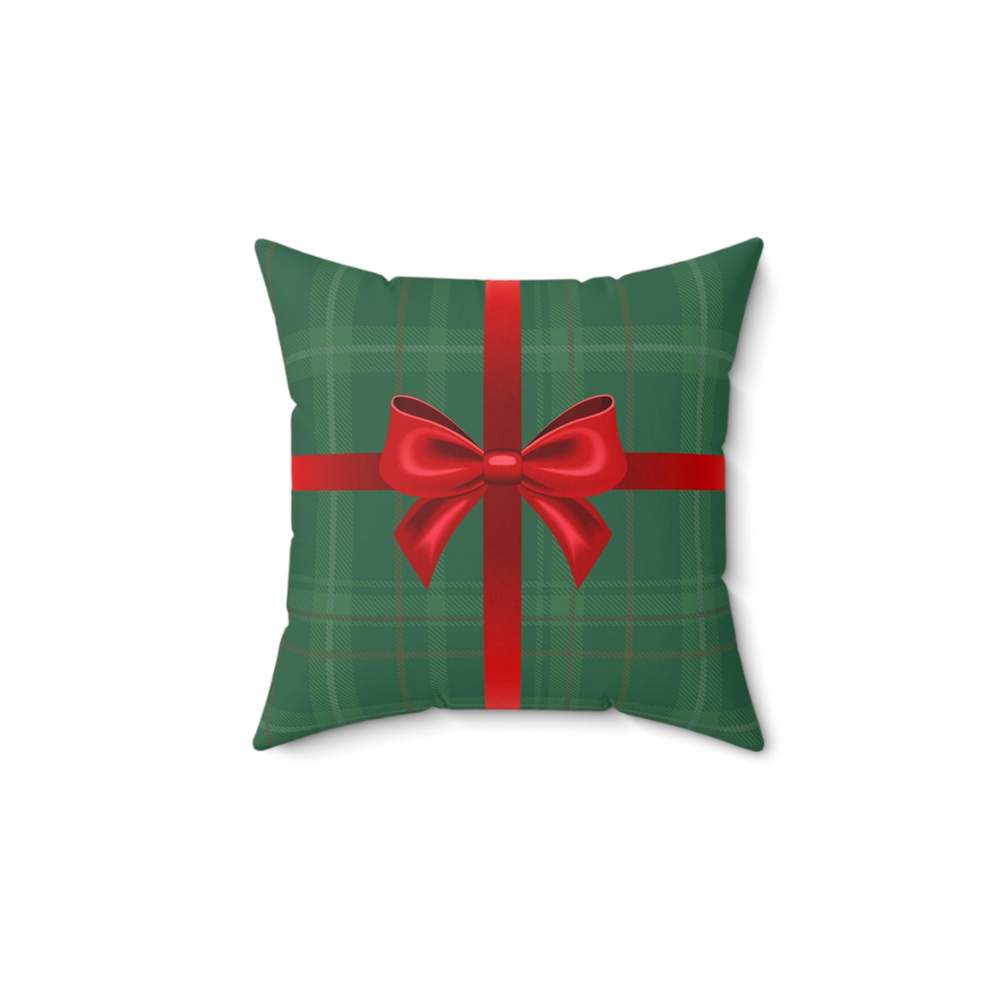 Holiday Gift Throw Pillow, Red Bow on Green Plaid Wrapped Present Pillows, Christmas Home Decor Xmas Decorations, Square Cushion and Cover