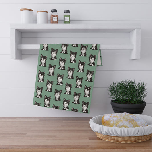 Green Long Haired Chihuahua Puppy Dog Tea Towel, Kitchen Hand Towels Decor Gifts, Sage Green Home Accessories