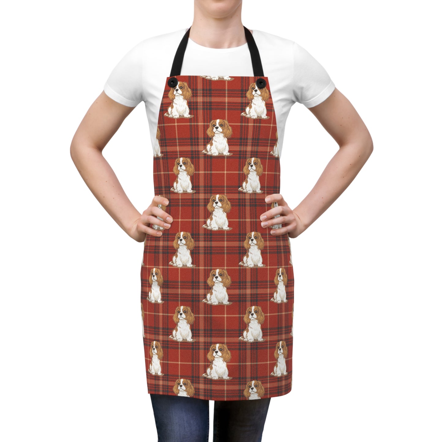 Blenheim Cavalier King Charles Spaniel Dogs Apron | Red Tartan Plaid Dog Pattern Home Cook Kitchen Aprons