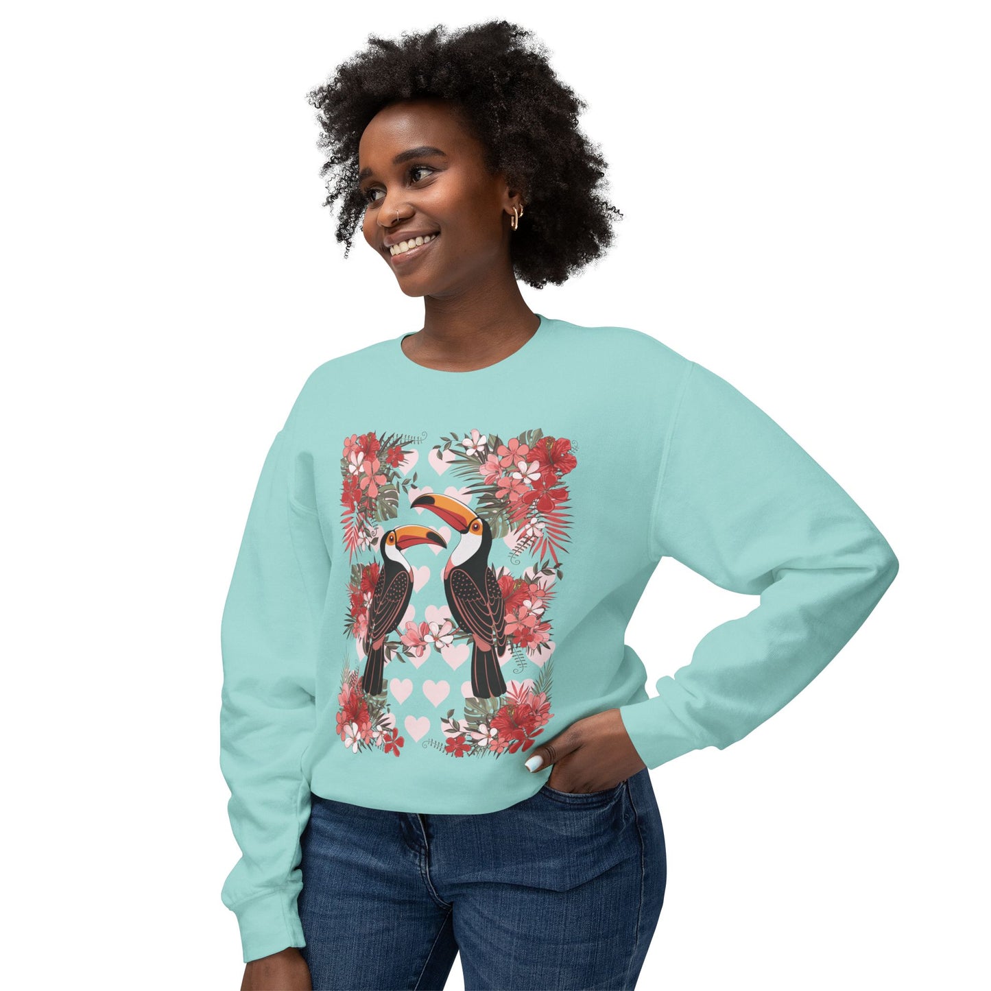 Toucan Tropical Love Birds Floral Crewneck Sweatshirt, Cute Sweatshirt Summer Vibes, Jungle Flowers Toucans Sweatshirt