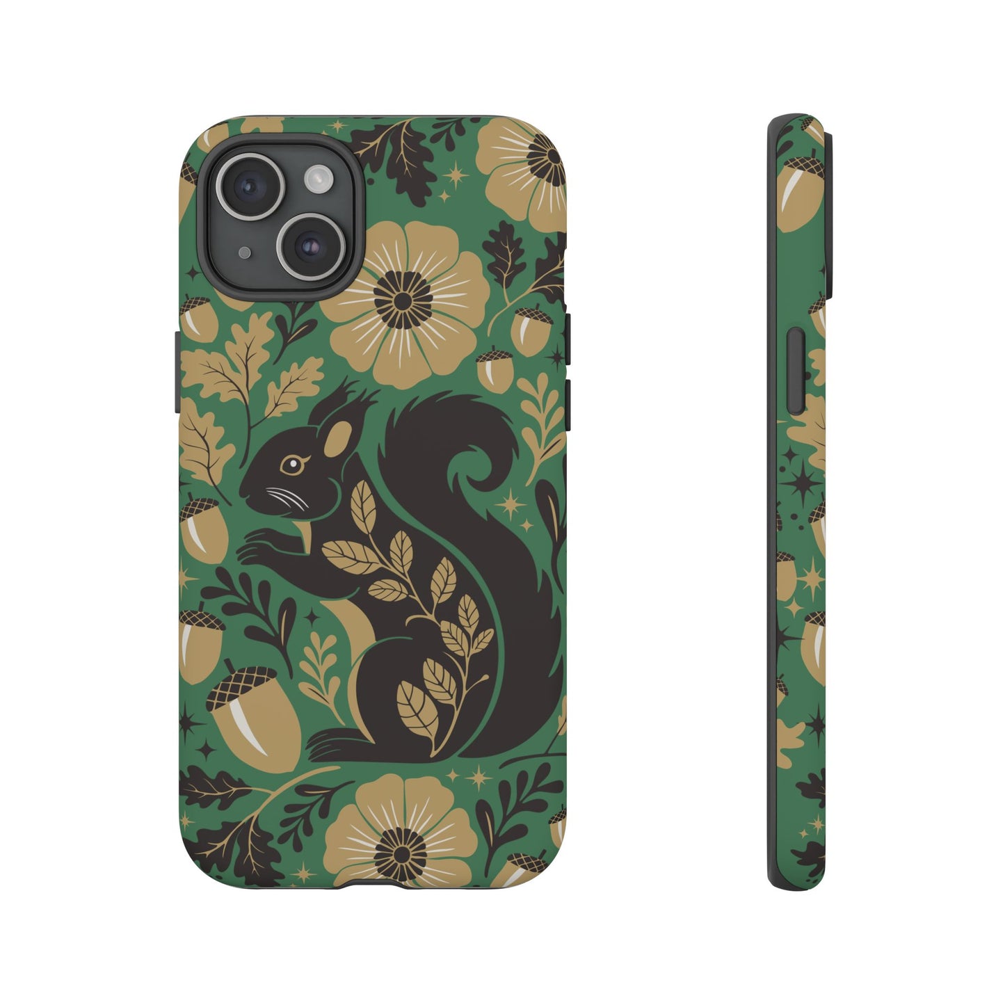 Green Squirrel Floral Pattern Cell Phone Case | Botanical Folk Art Acorn Leaves Design, Iphone Google Pixel Samsung Cases Matte Finish