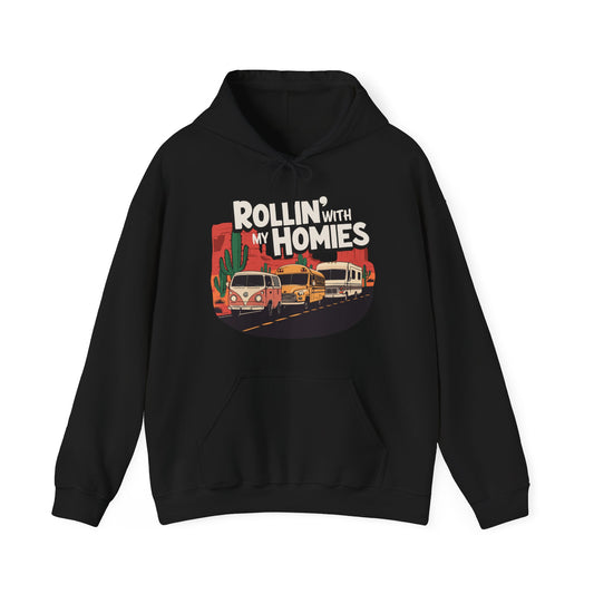 Rollin' With My Homies Hoodie Van Skoolie RV Vanlife Caravan in the Desert Black Long Sleeve Pullover Hoodies Hooded Sweatshirt