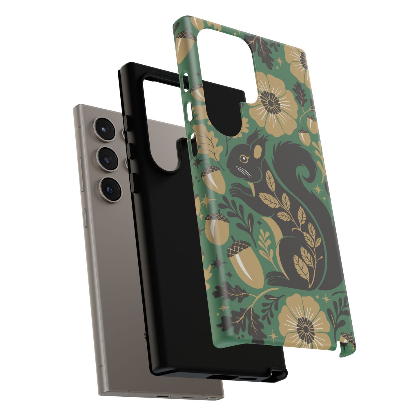 Green Squirrel Floral Pattern Cell Phone Case | Botanical Folk Art Acorn Leaves Design, Iphone Google Pixel Samsung Cases Matte Finish