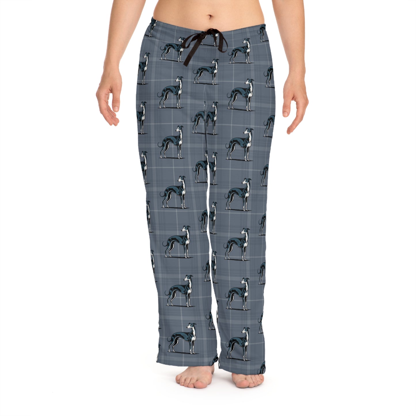Greyhound Dogs Pajama Pants | Women's Blue-Grey Plaid Dog Print Lounge Pajamas PJ Bottoms, Loungewear Sleepwear