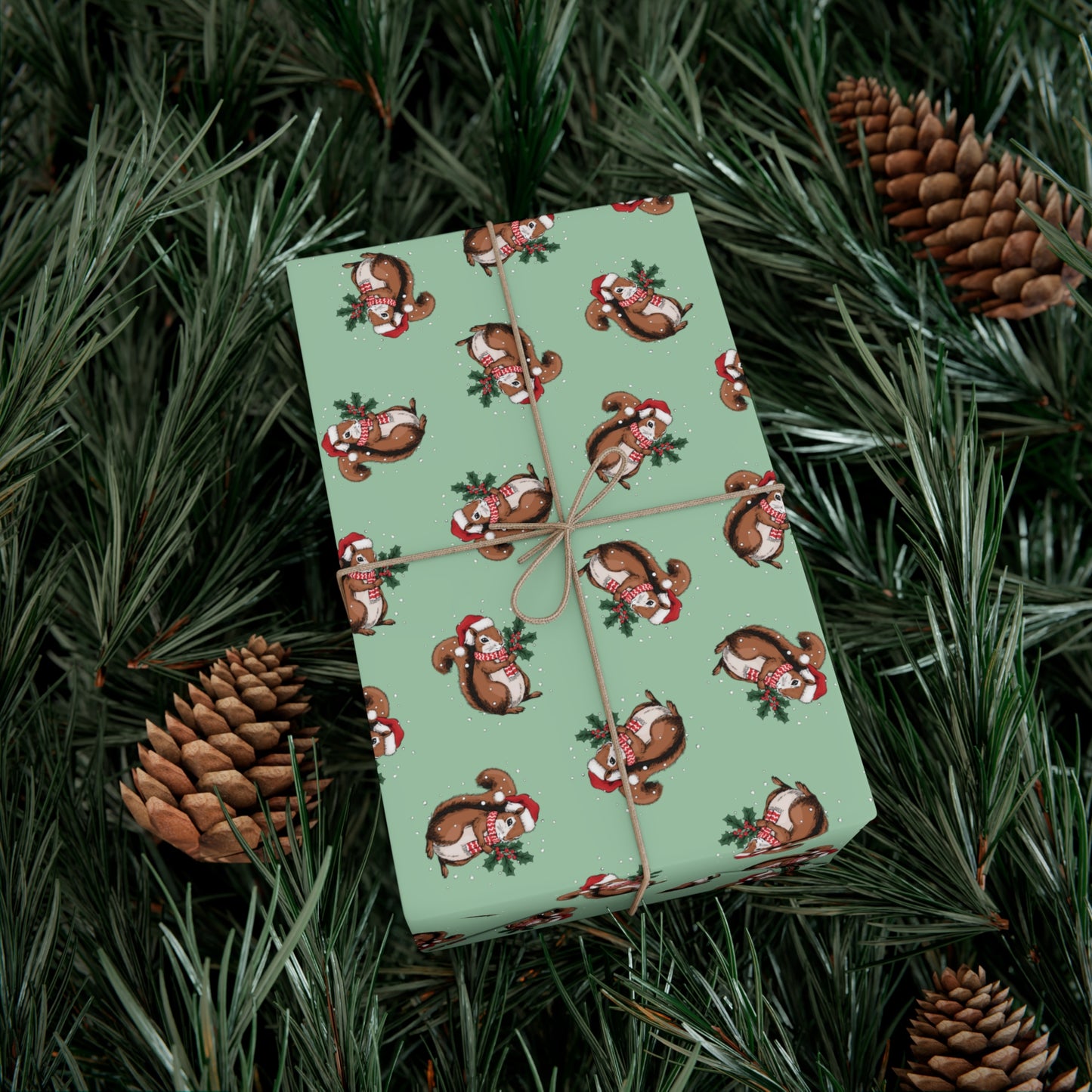 Squirrel Christmas Wrapping Paper, Festive Snowy Santa Squirrels Holiday Print, Sage Green Gift Wrap Xmas