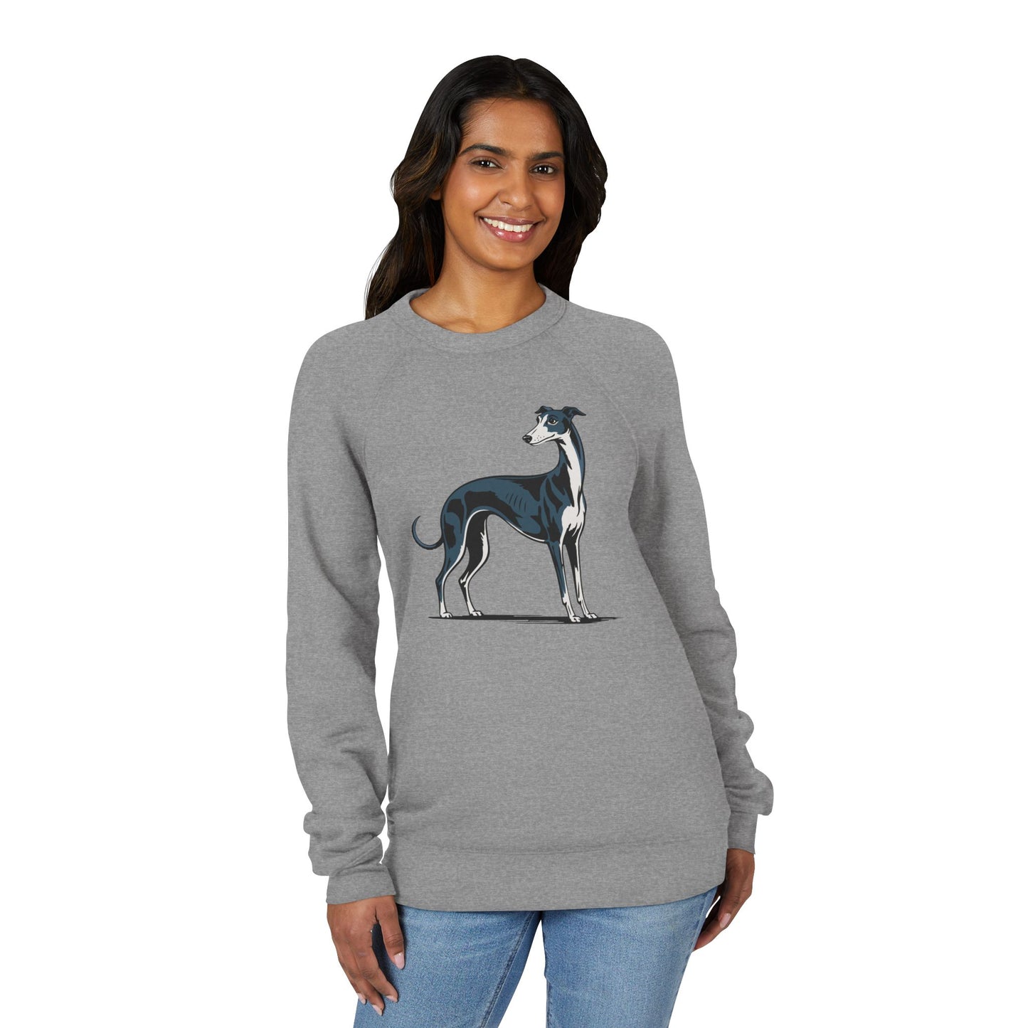 Blue Greyhound Dog Illustration Sweatshirt | Heather Gray Dogs Raglan Fleece Sweater, Long Sleeve Sweatshirts
