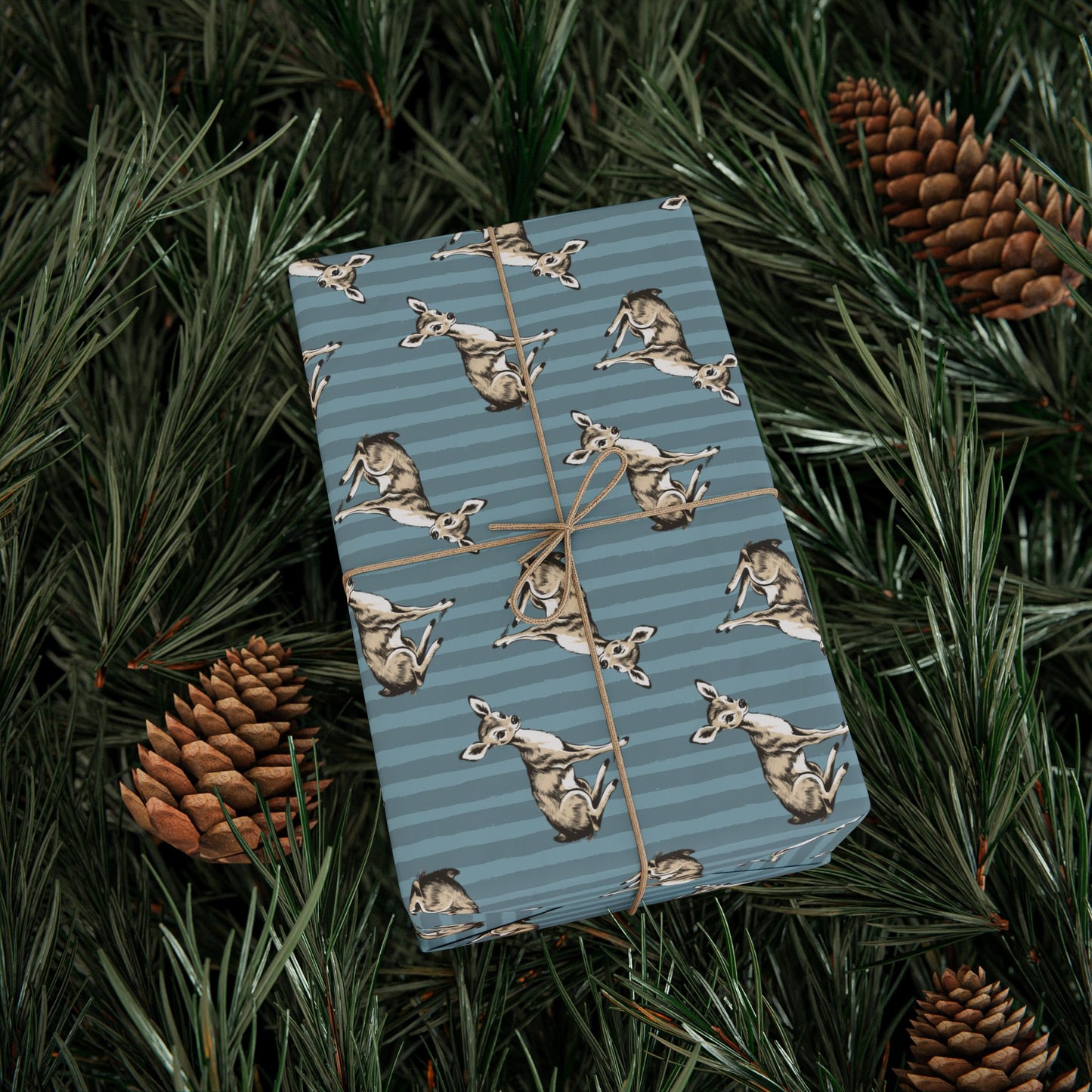 Fawn Stripe Pattern Wrapping Paper, Blue Striped Baby Deer Gift Wrap Roll, Matte Finish Woodland Animal Birthday, Christmas, Holiday Gifts