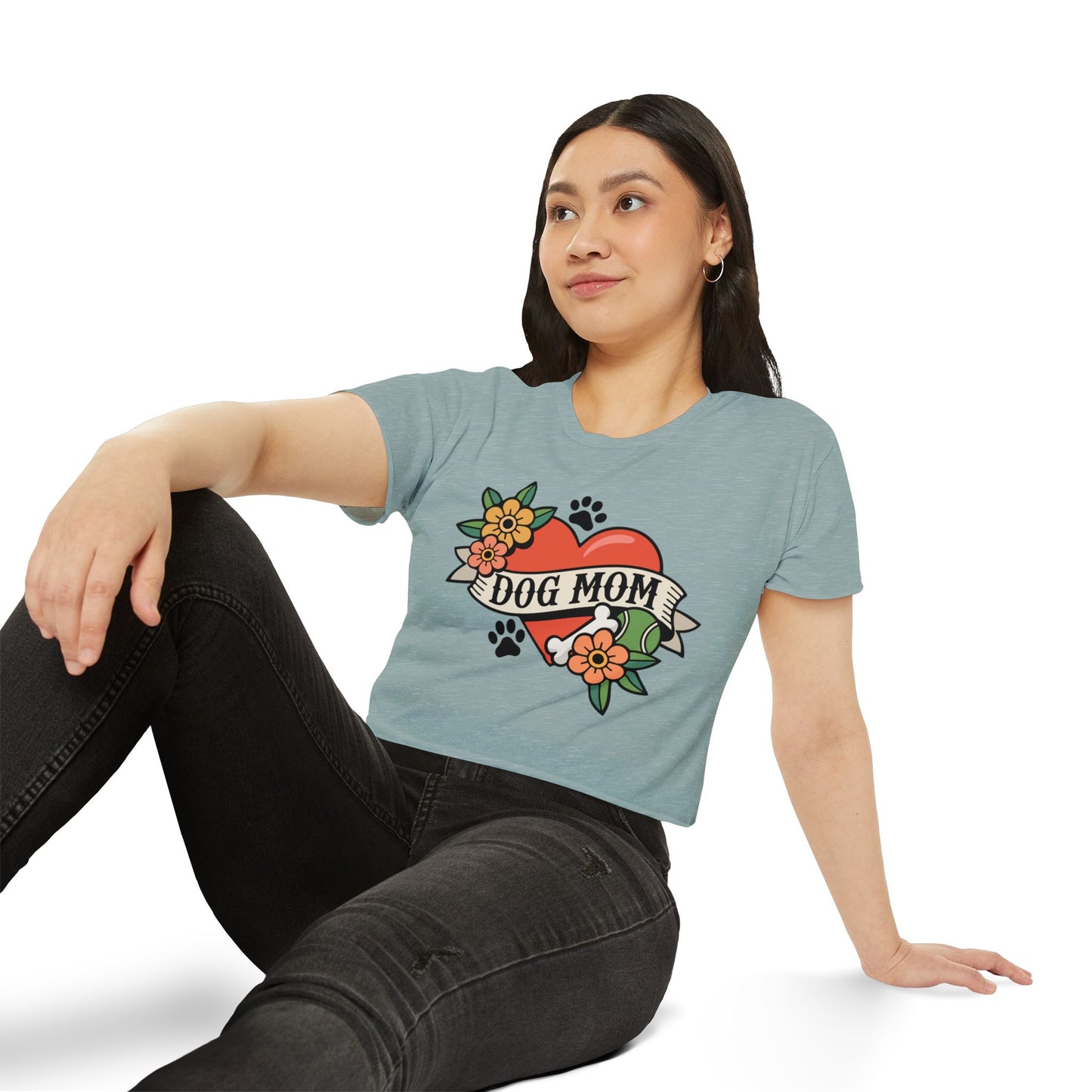 Dog Mom Heart Tattoo Crop Top | Retro Artwork Cropped T-shirt Floral Dogs Paw Print Design, Childless Dog Lady Pet Owner Tattoos Tee