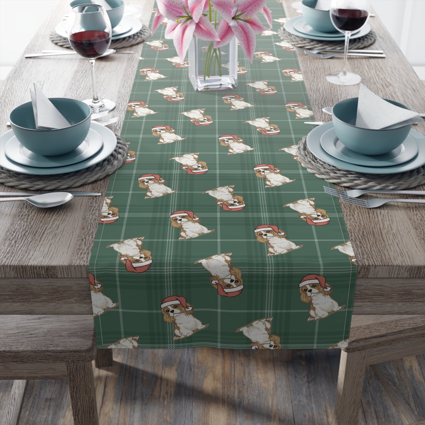 Festive Cavalier King Charles Spaniel Dog Holiday Table Runner, Christmas Home Table Decor, Dining Tablecloth Linens, Table Setting Runners