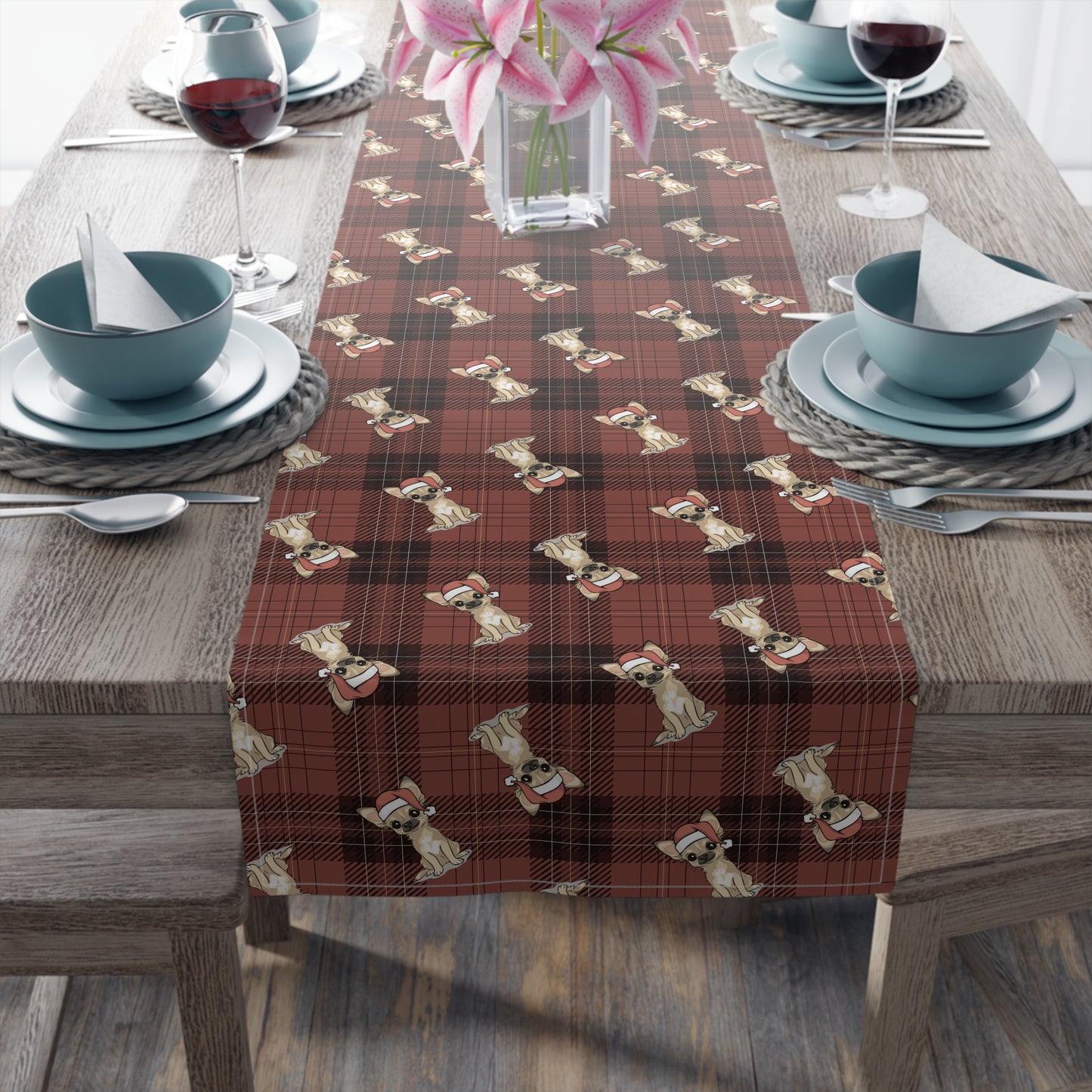 Festive Chihuahua Dog Holiday Table Runner, Christmas Home Decor, Santa Chihuahuas Dining Tablecloth Linens, Plaid Table Setting Runners