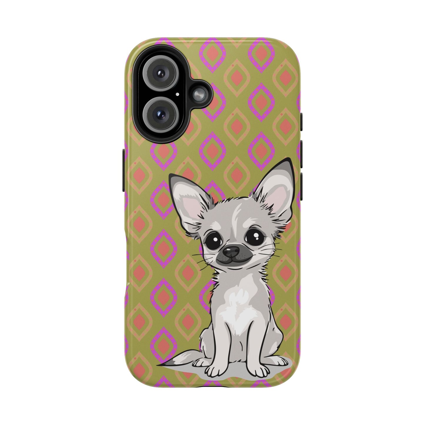 White Chihuahua Puppy Dog Phone Case, Tough Phone Cases Pet Dogs Retro Green  Pattern