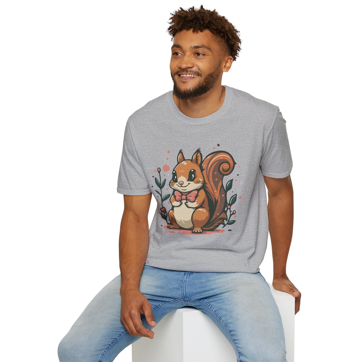 Woodland Squirrel Soft Style T-Shirt - Cute Squirrel with Bowtie and Flowers on Soft Unisex Tee