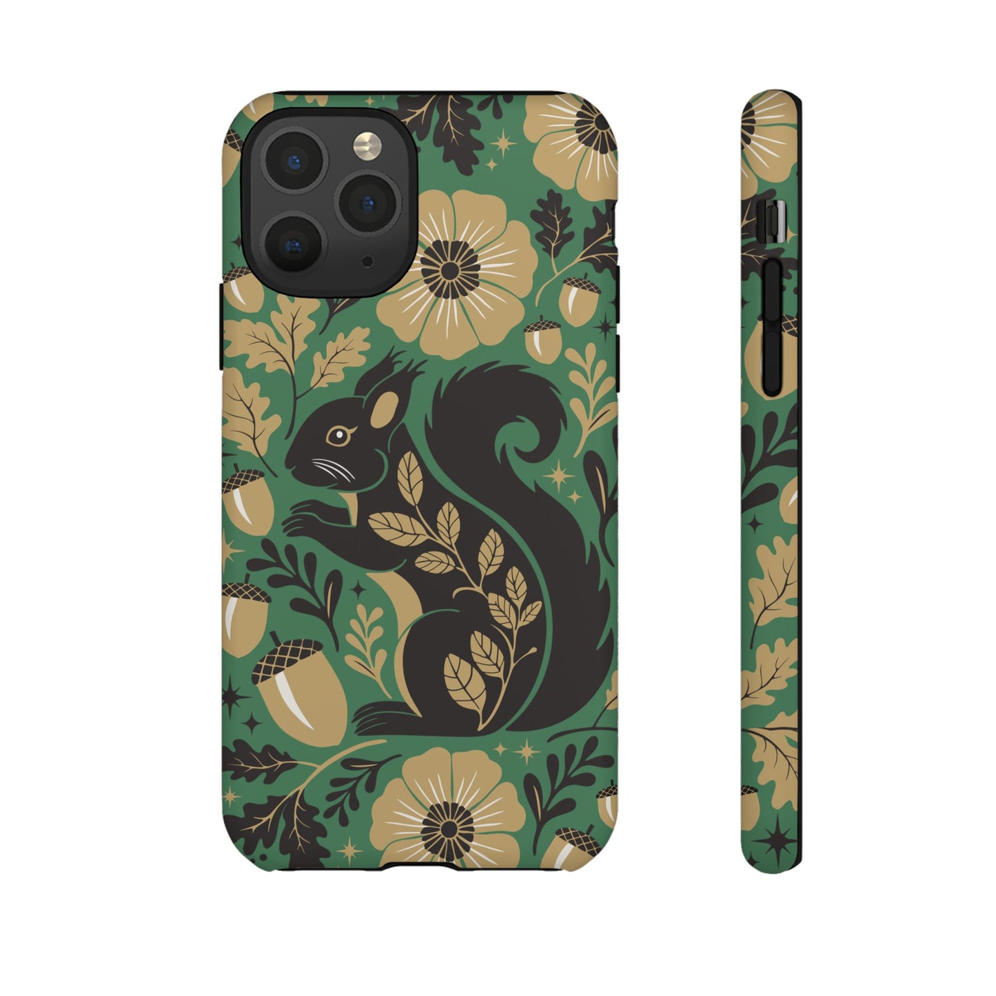 Green Squirrel Floral Pattern Cell Phone Case | Botanical Folk Art Acorn Leaves Design, Iphone Google Pixel Samsung Cases Matte Finish