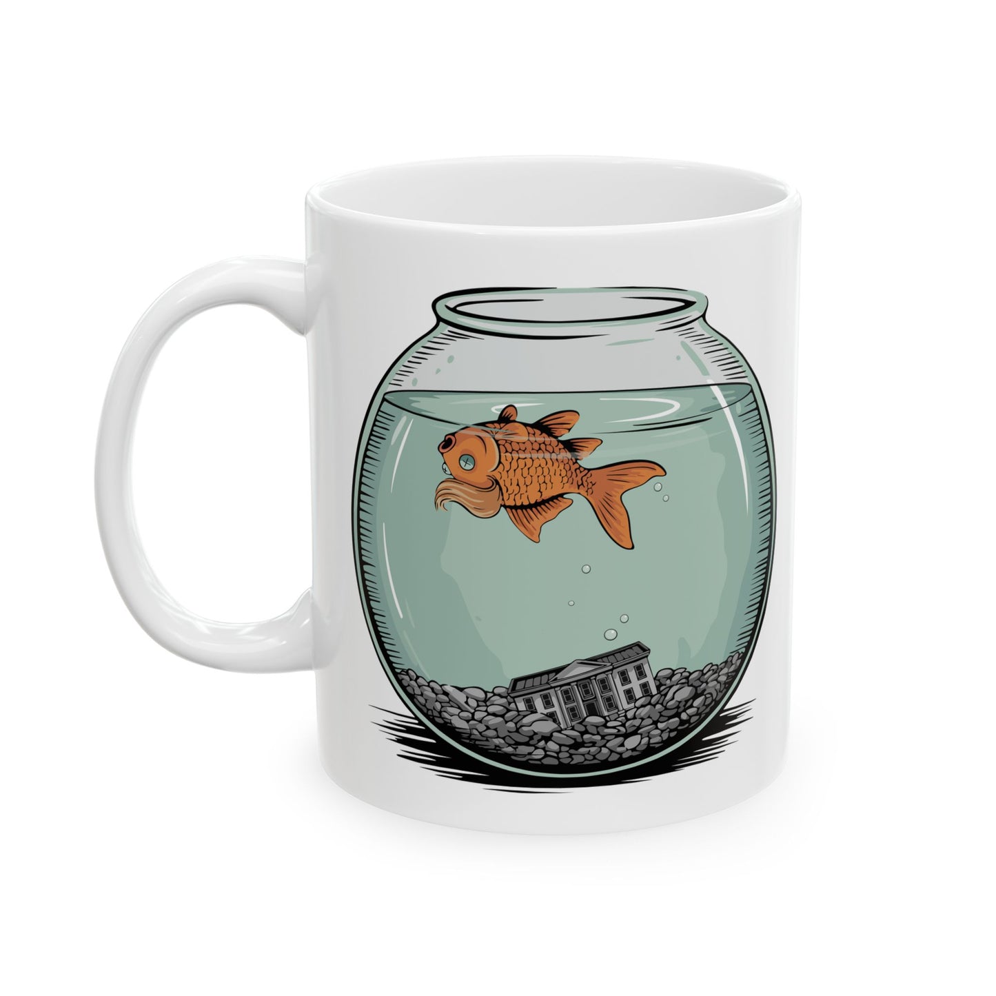 Dead Goldfish In A Fishbowl Coffee Mug - Funny Political Ceramic Mugs, Leftist Liberal Humor, Orange Fish Floating, Gifts Drinkware