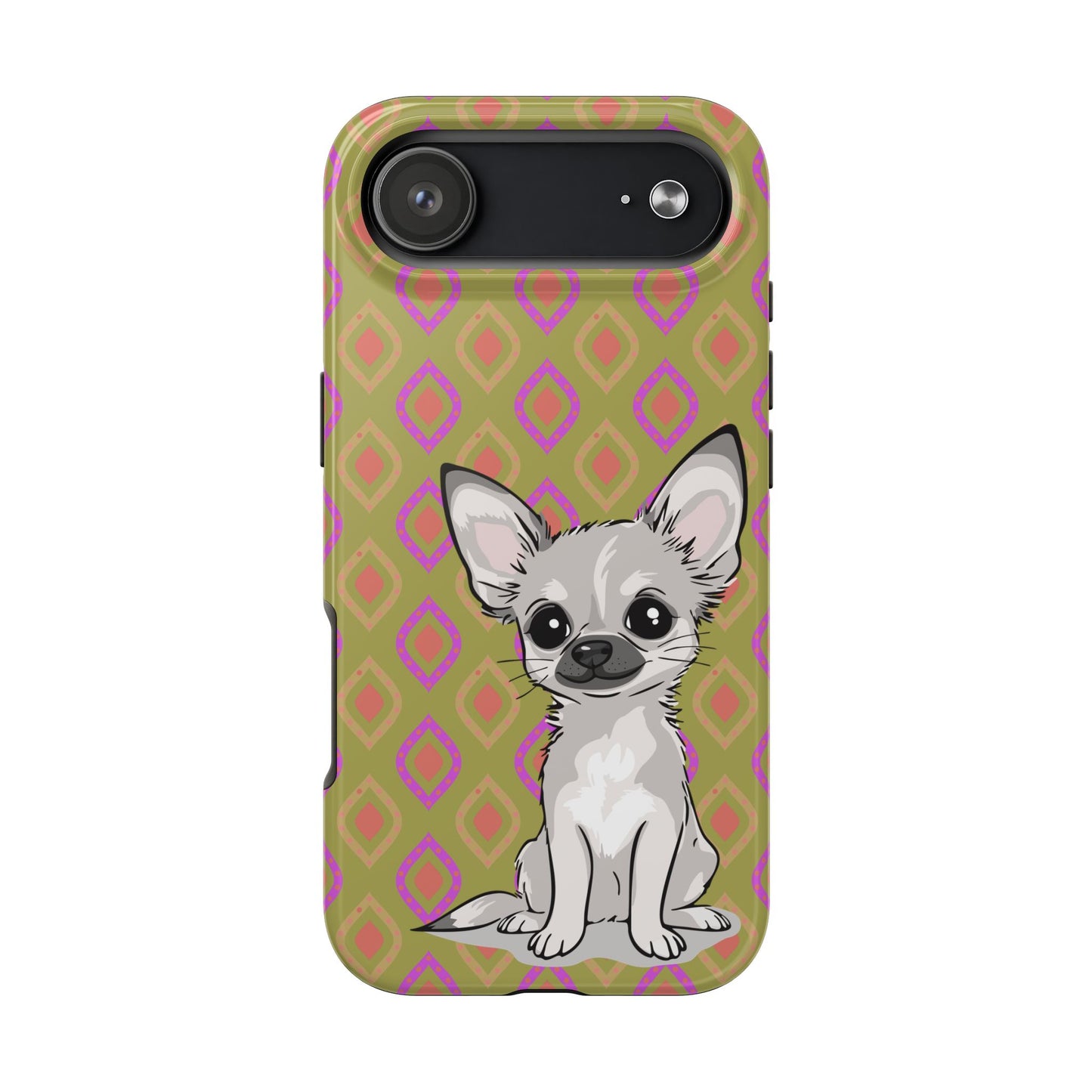 White Chihuahua Puppy Dog Phone Case, Tough Phone Cases Pet Dogs Retro Green  Pattern